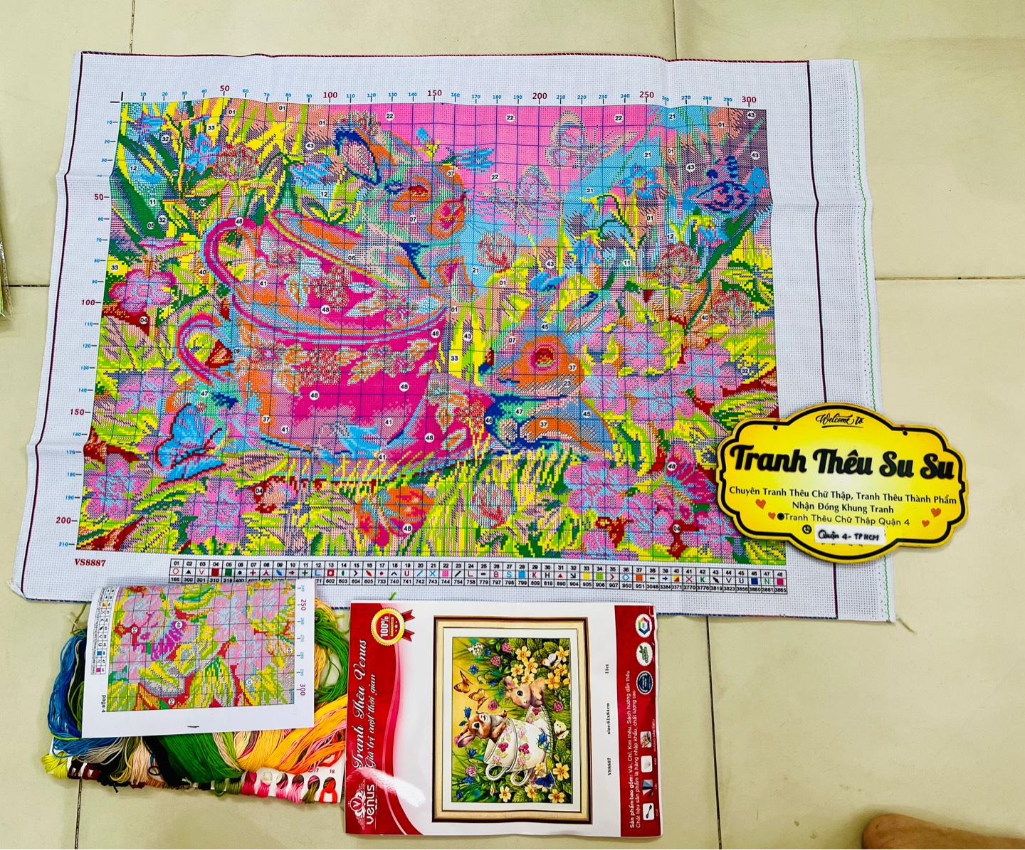 Tranh thêu kín Thỏ tinh nghịch dễ thương VS8887, kích thước 60 x 80 cm