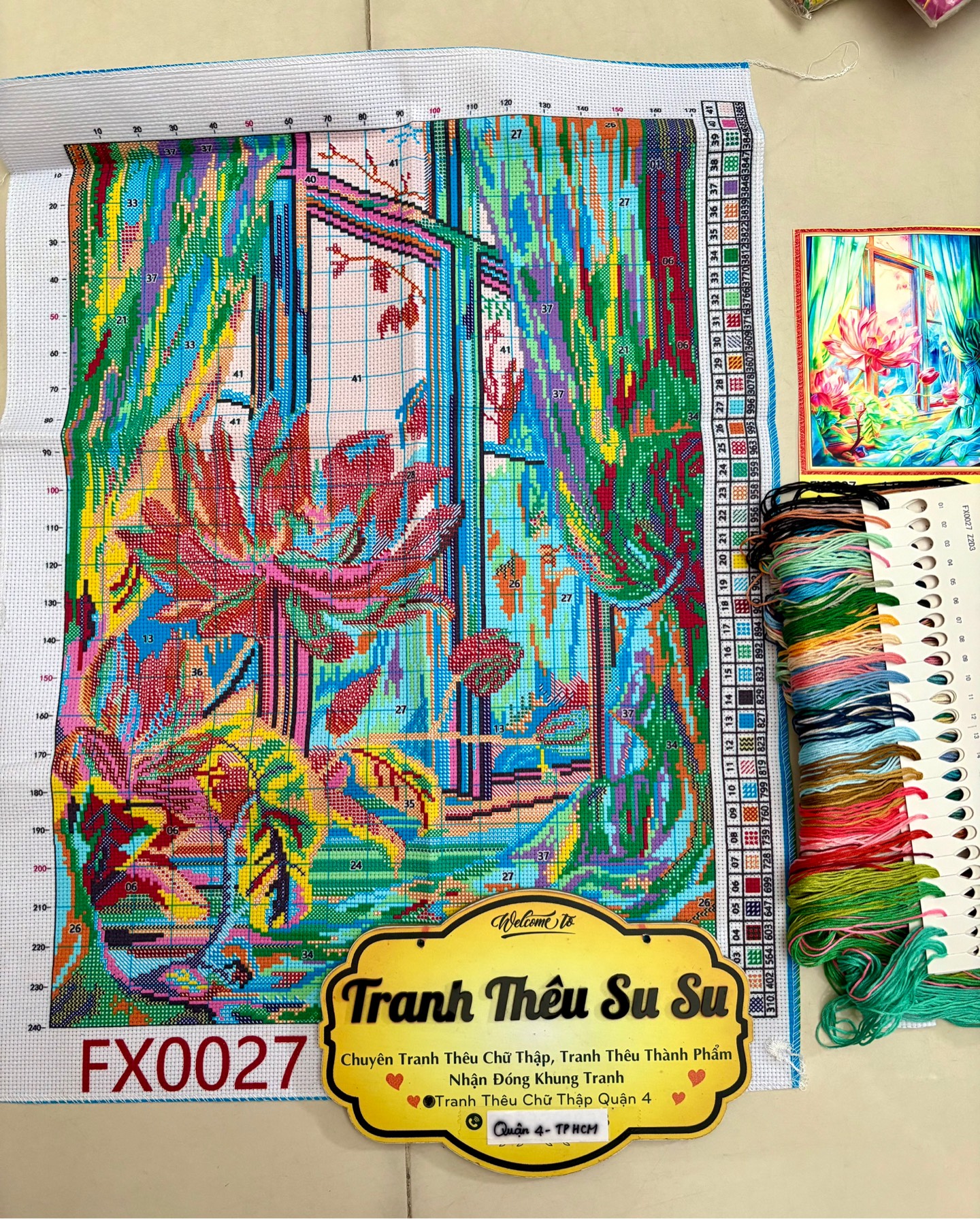 Tranh thêu kín Hoa sen FX0027, kích thước 50 x 65 cm