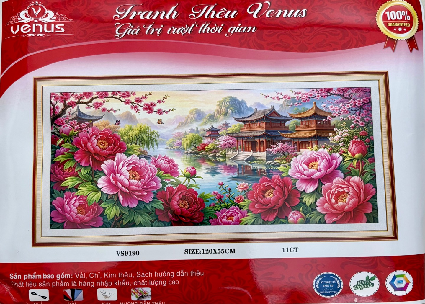 Tranh thêu kín Mẫu đơn phú quý VS9190, kích thước 120 x 55 cm