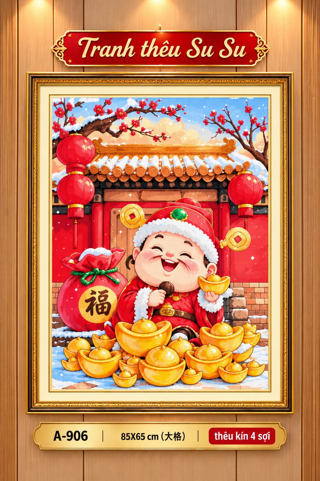 [4 sợi] Tranh thêu kín Thần tài vào nhà A906, kích thước 85x65 cm