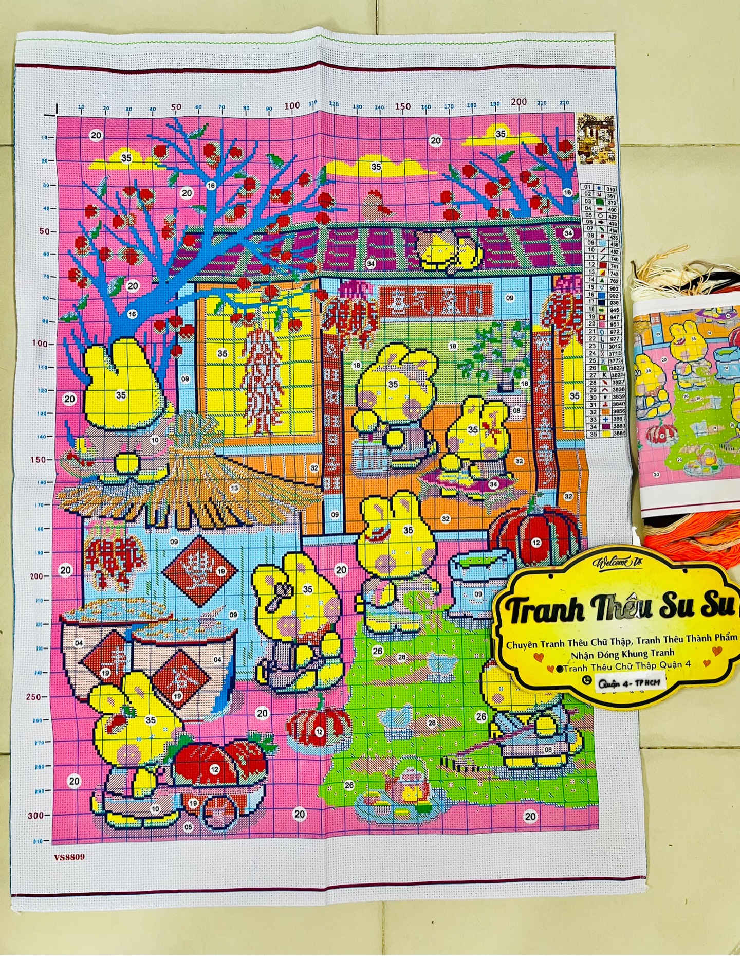 Tranh thêu kín thỏ phơi thóc VS8809, kích thước 60x80 cm