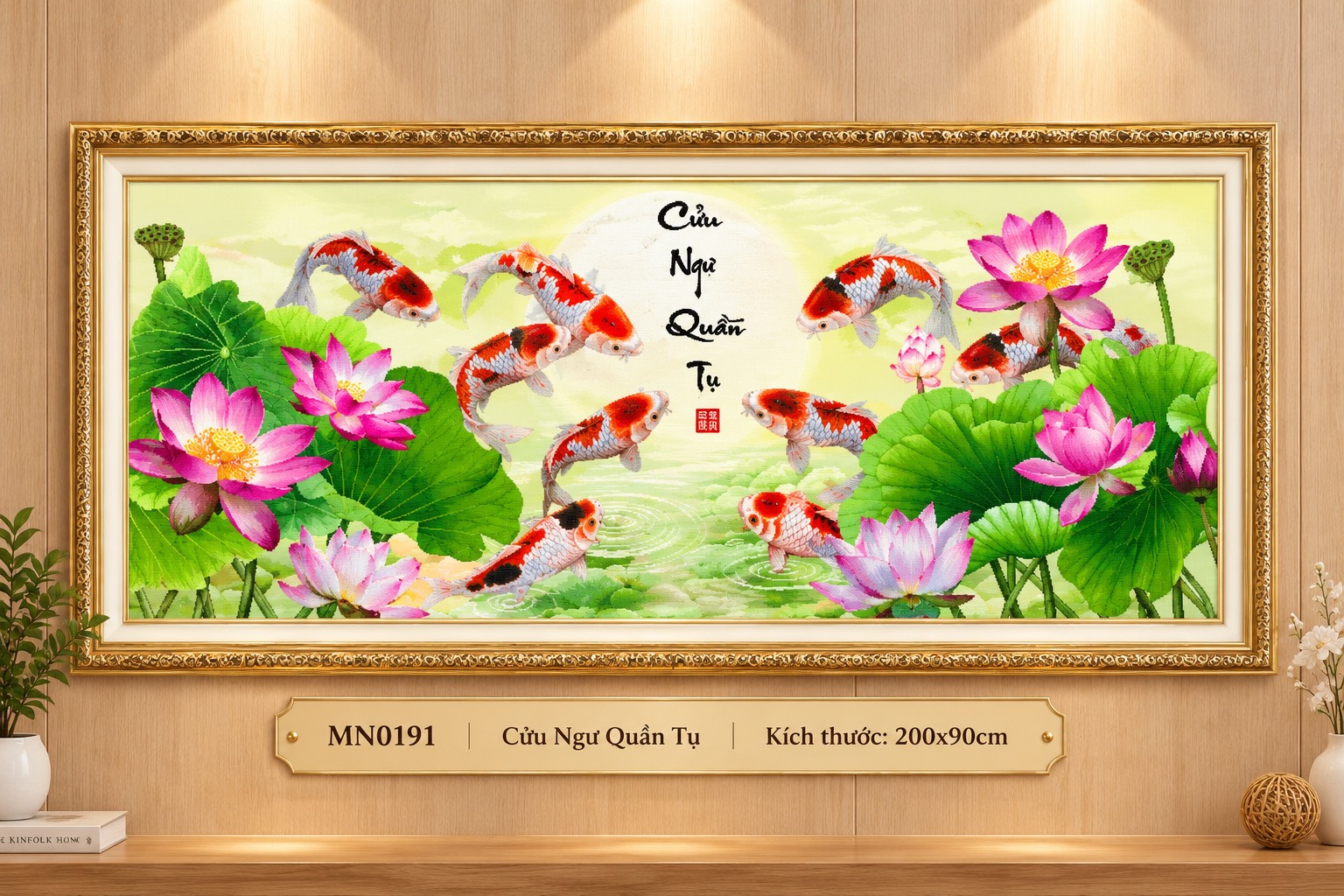 Tranh thêu kín cửu ngữ quần hội MN0191, kích thước 200 x 90 cm
