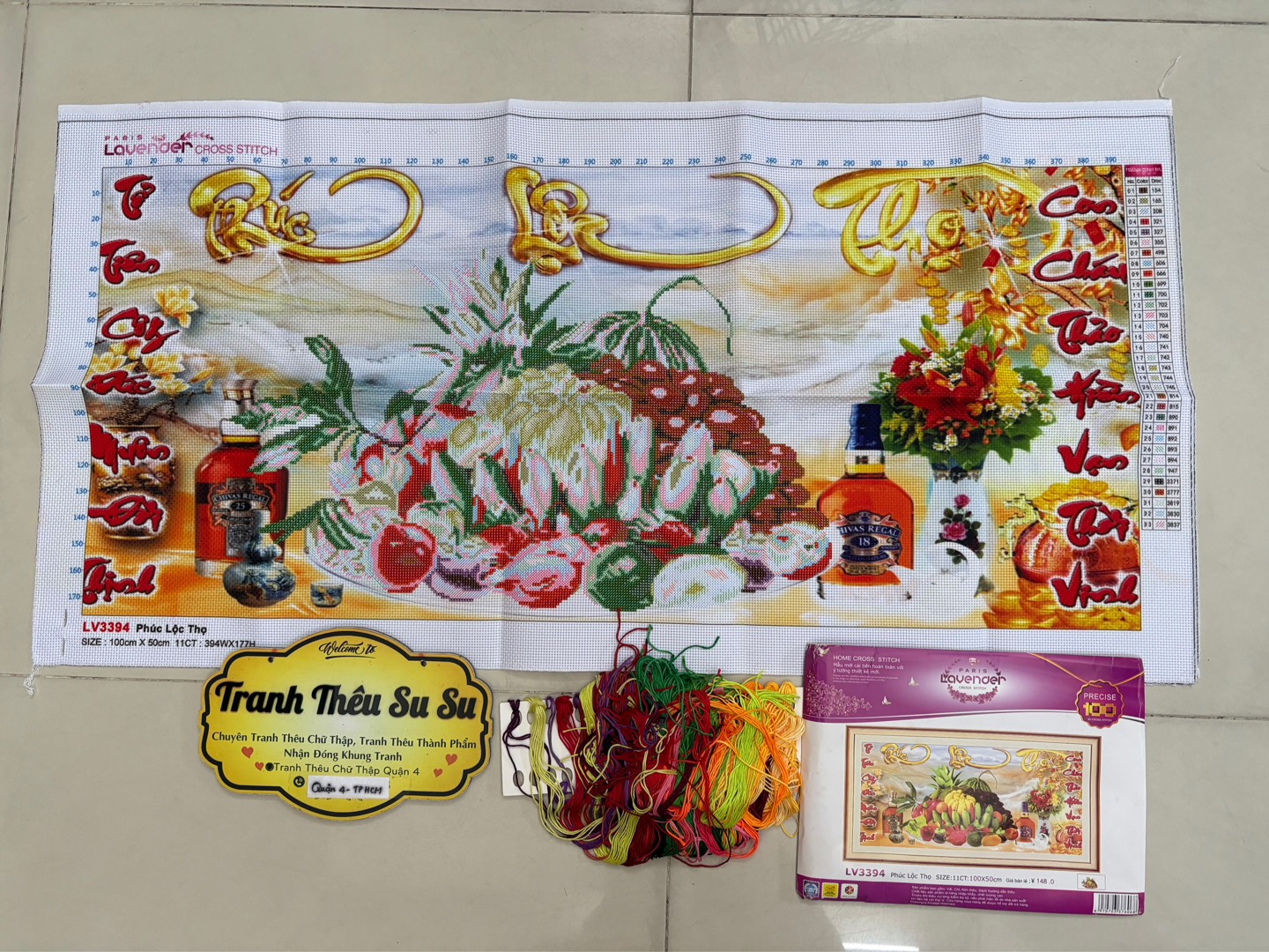 Tranh thêu kín Phúc lộc thọ LV3394, kích thước 100x 50 cm