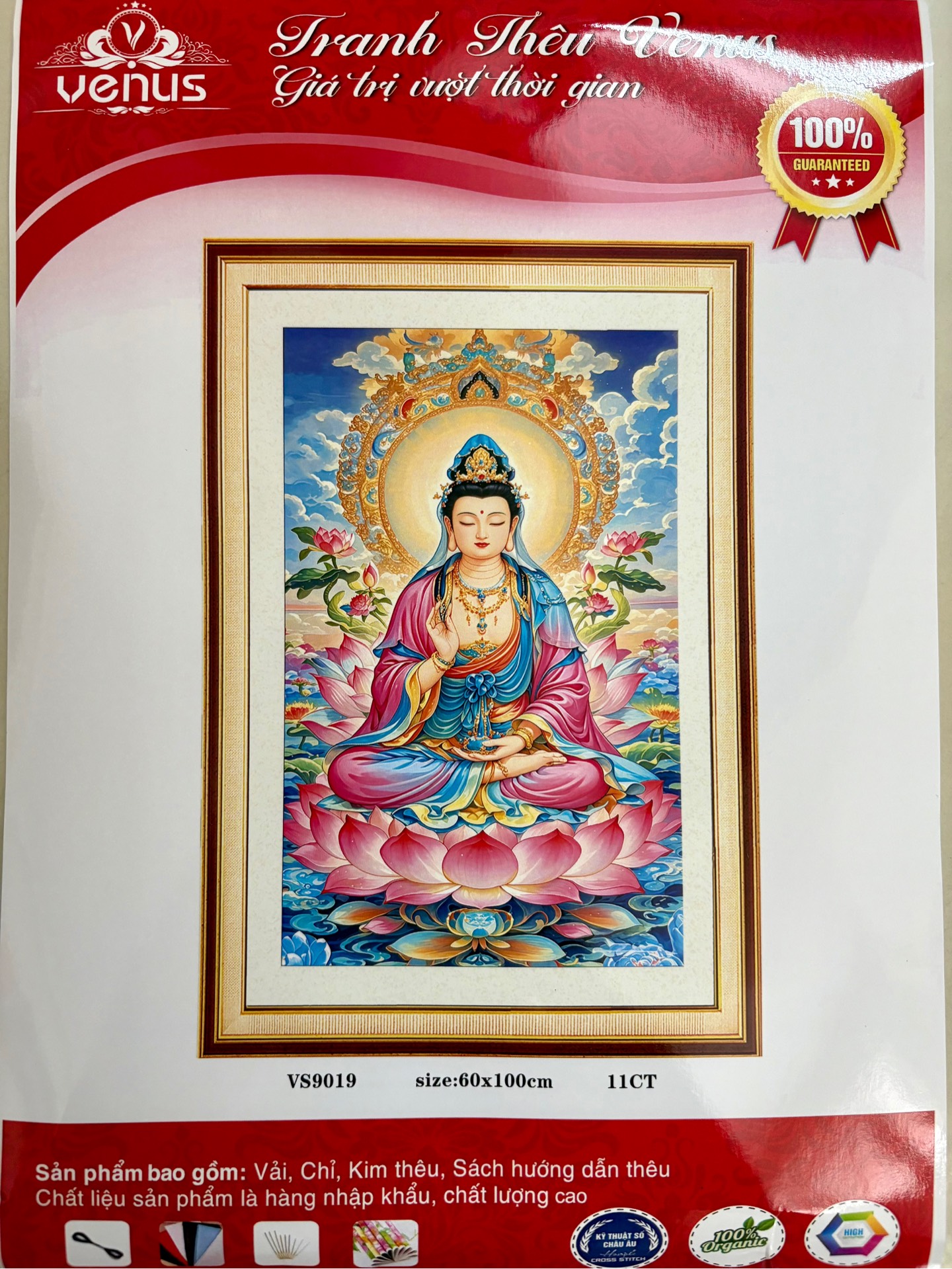 Tranh thêu kín quan âm VS9019, Kích thước 100 x 60 cm