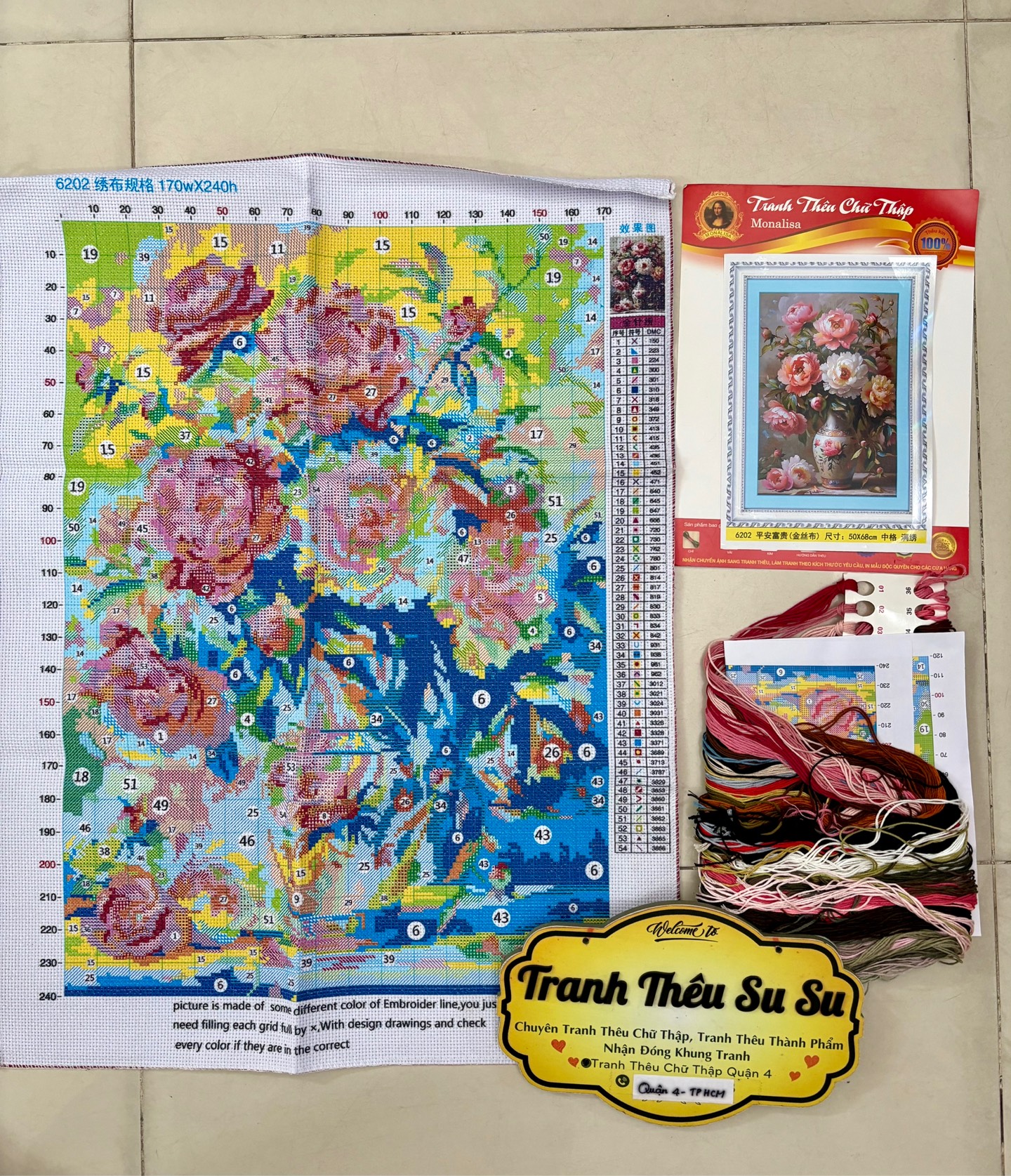 Tranh thêu Bình hoa mẫu đơn 6202, kích thước 50 x 68 cm