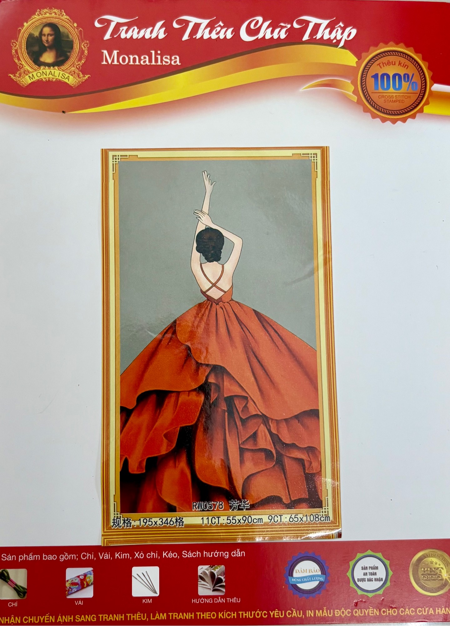 Tranh thêu kín Cô gái RW0578, kích thước 55 x90 cm