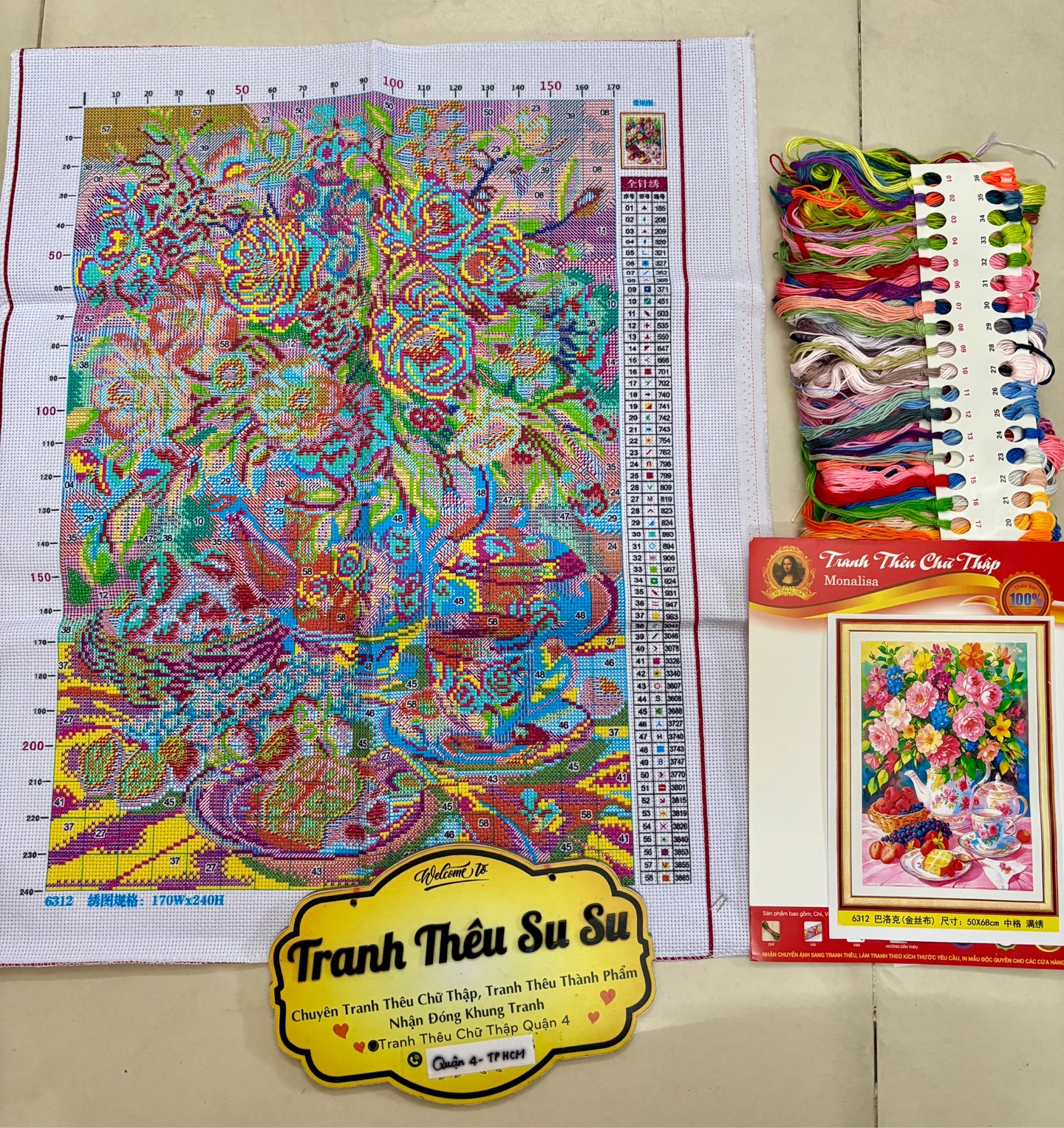 Tranh thêu kín Bình hoa ngũ sắc 6312, kích thước 50 x 68 cm