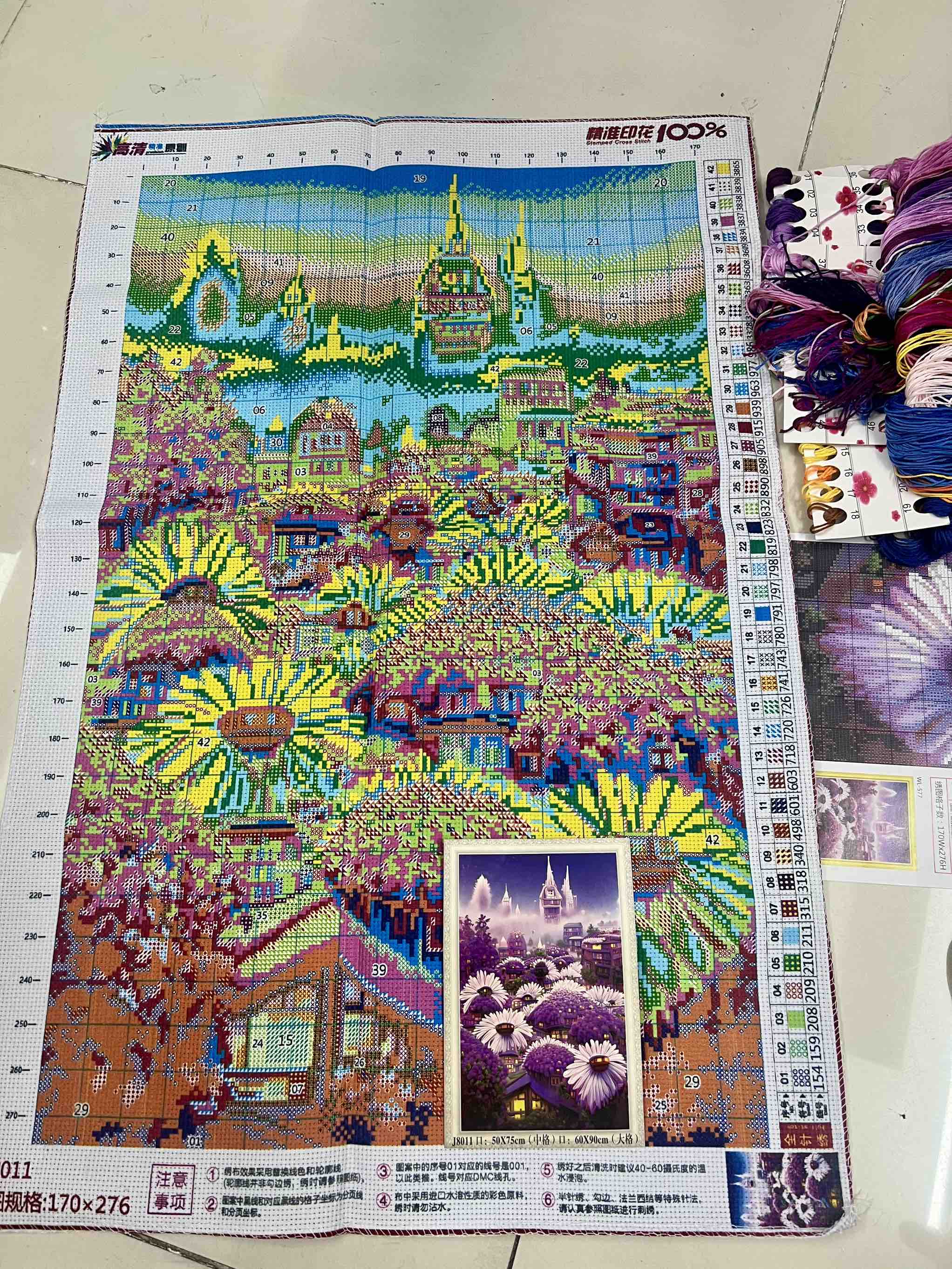 Tranh thêu kín lâu đài mây tím J8011, kích thước  60 X 80 CM