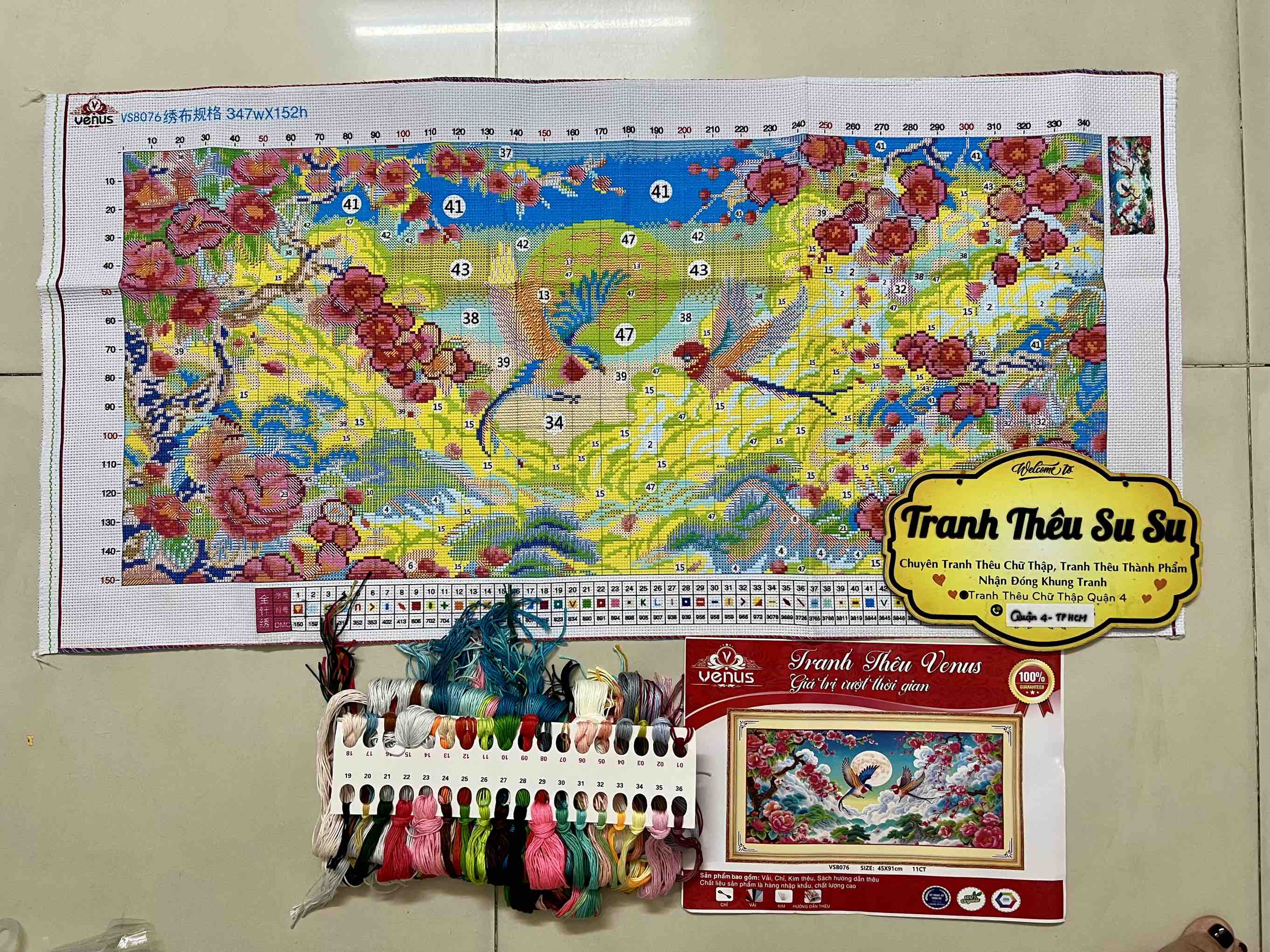 Tranh thêu kín Mùa xuân hoa nở VS8076, kích thước 45 x 91 cm