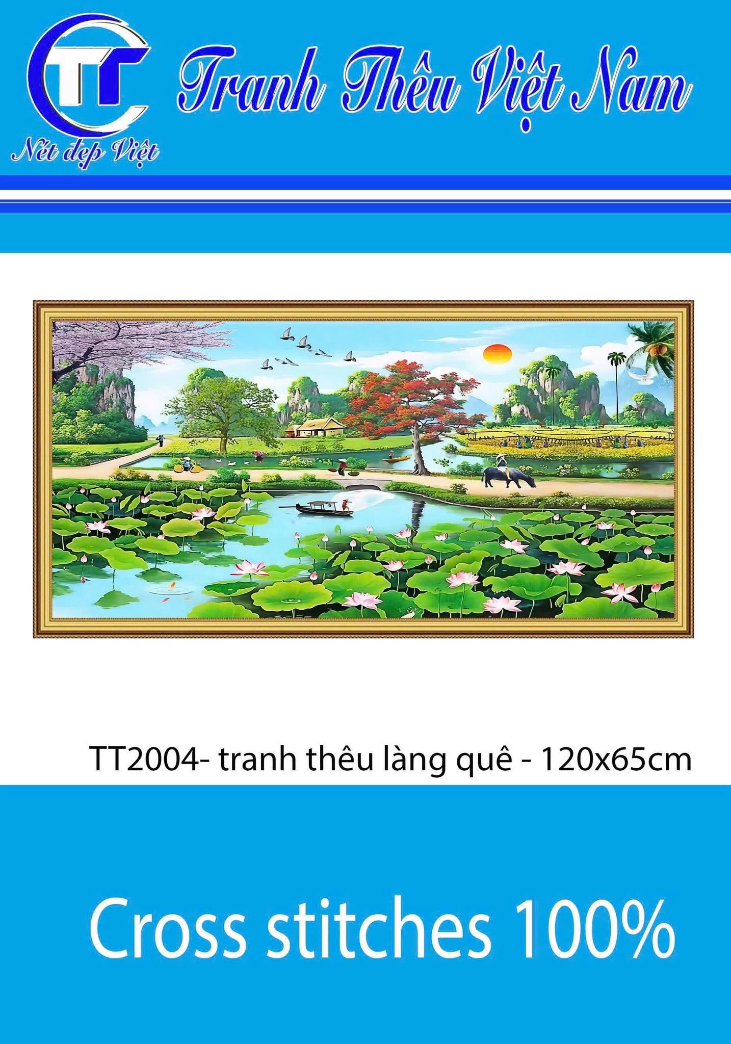Tranh thêu kín Phong cảnh làng quê hồ sen TT2004, kích thước 120 x 65 cm