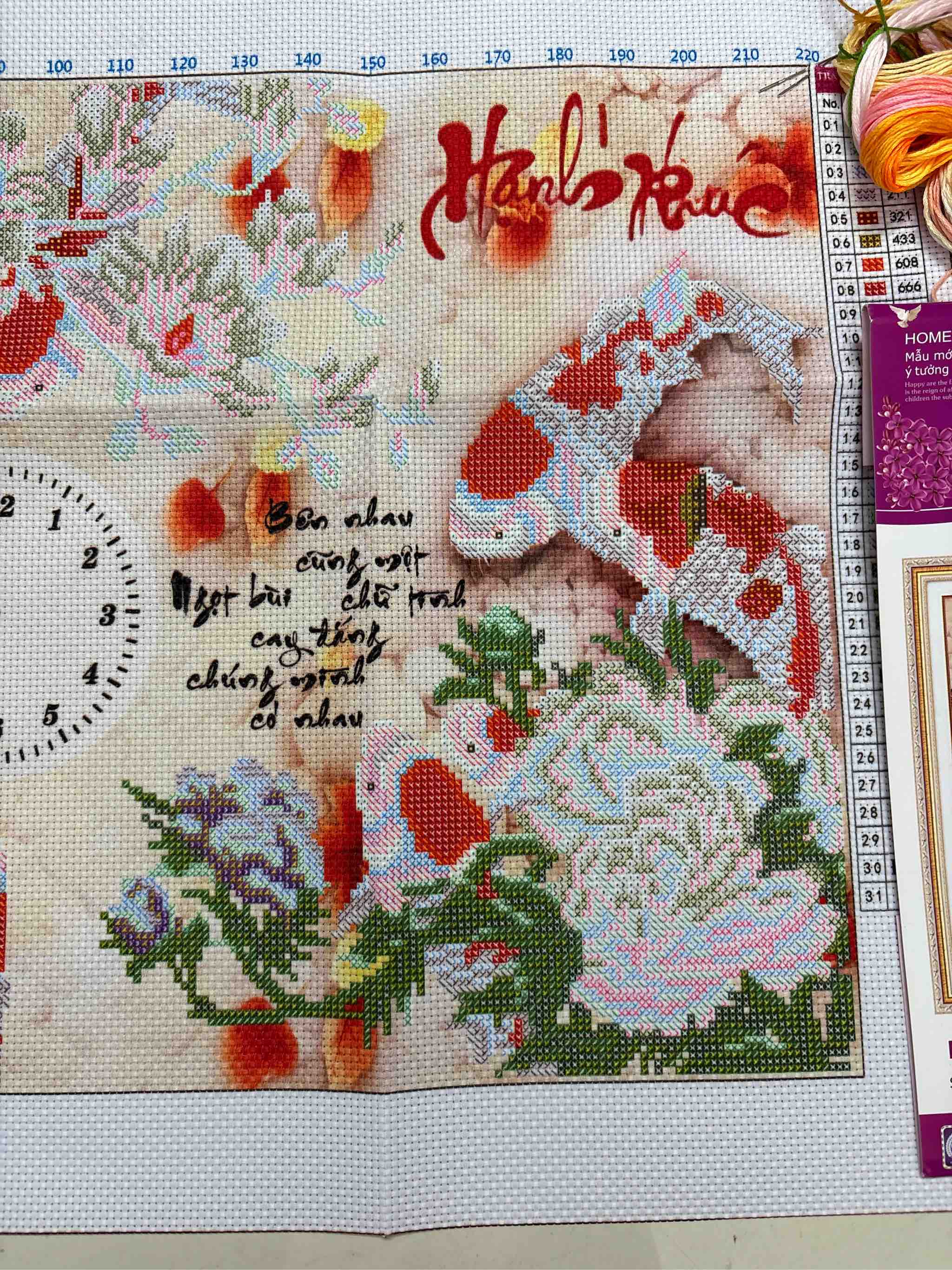 Tranh thêu đồng hồ cửu ngư LV3366, kích thước 60 x 45 cm