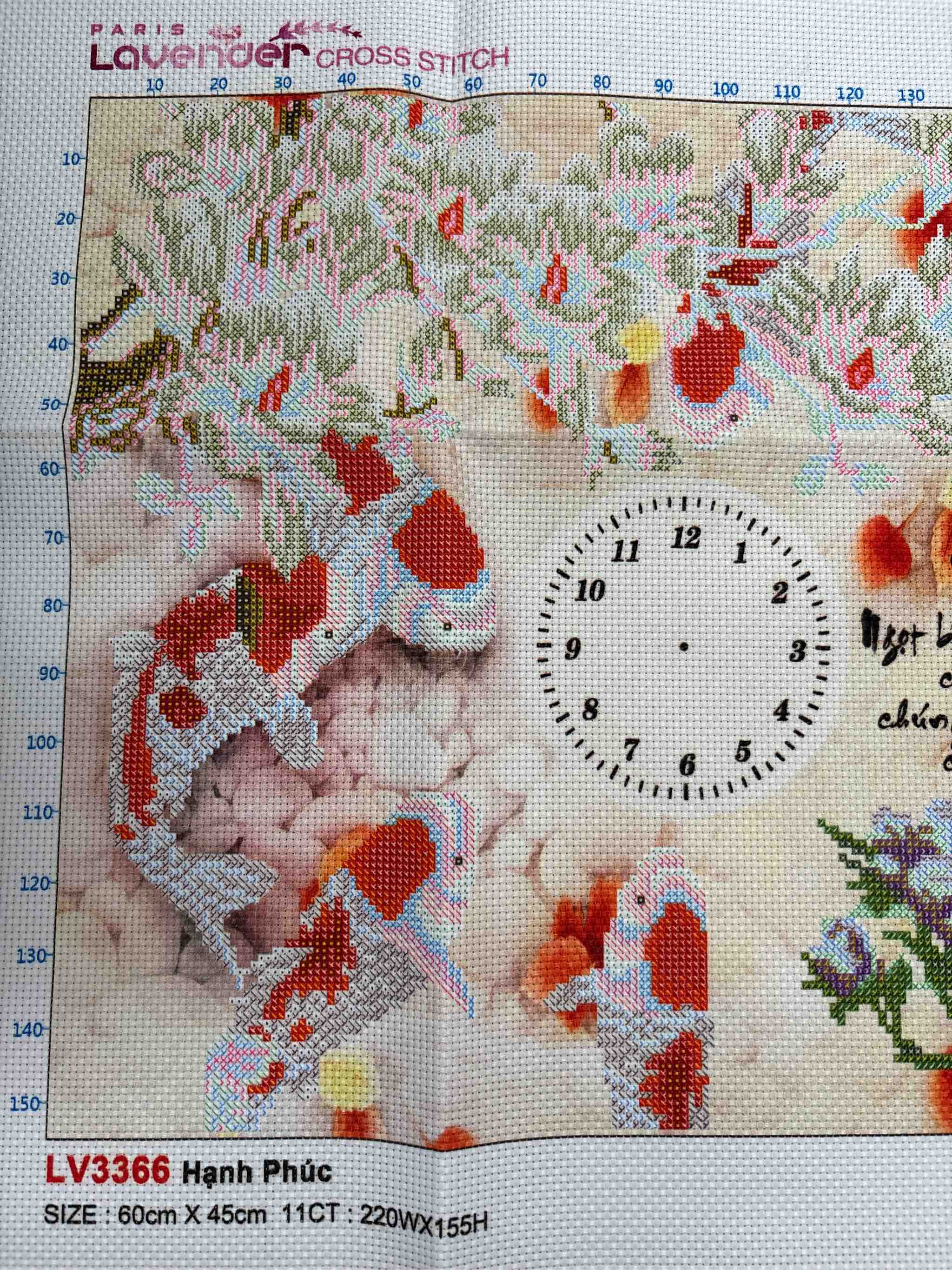 Tranh thêu đồng hồ cửu ngư LV3366, kích thước 60 x 45 cm