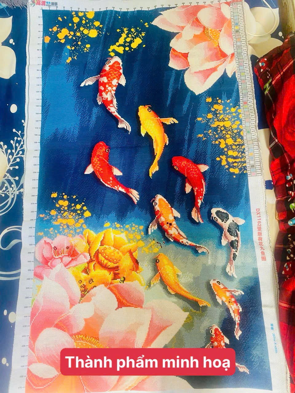 Tranh thêu kín cửu ngư quần hội DX1162, kích thước 70 x 120 cm