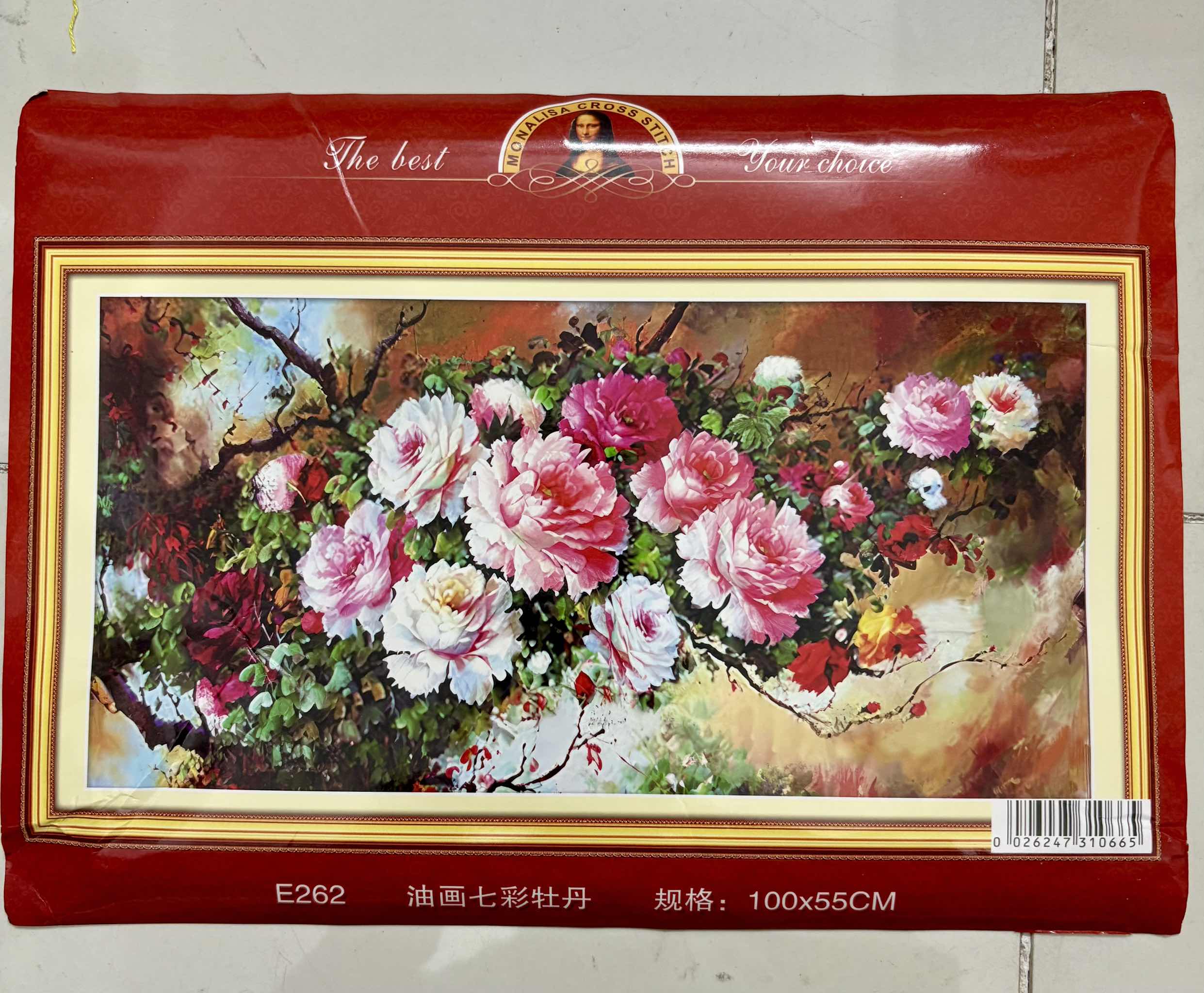 Tranh thêu kín Hoa mẫu đơn E262, 100x55 cm, 11ct thêu 3 sợi