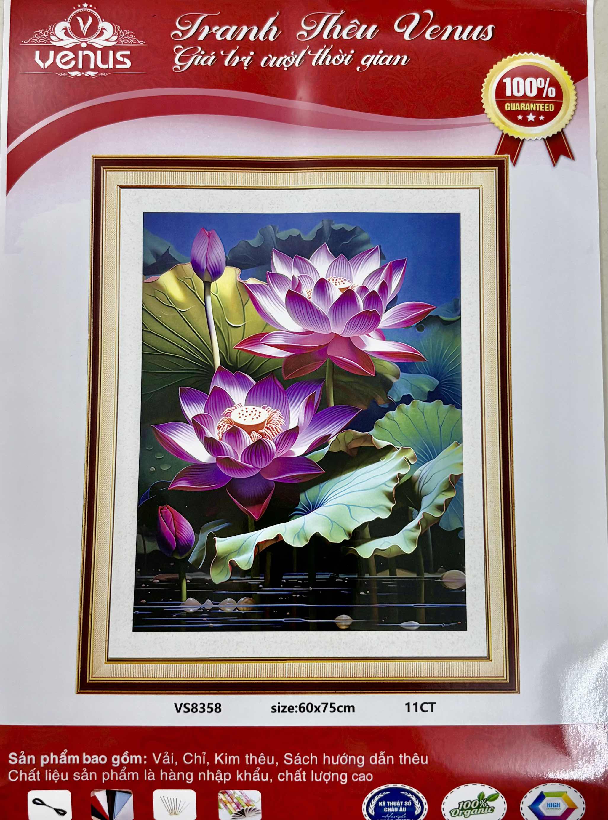 Tranh thêu kín Hoa sen VS8358, kích thước 60 x 75 cm