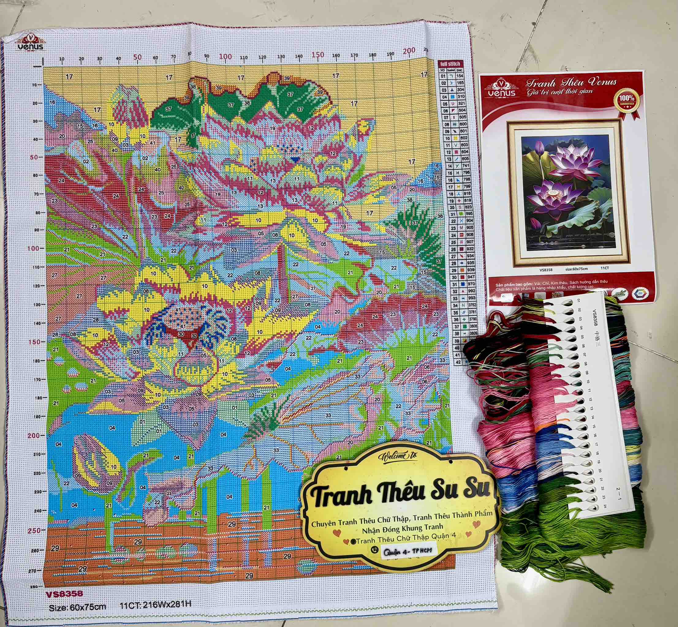 Tranh thêu kín Hoa sen VS8358, kích thước 60 x 75 cm