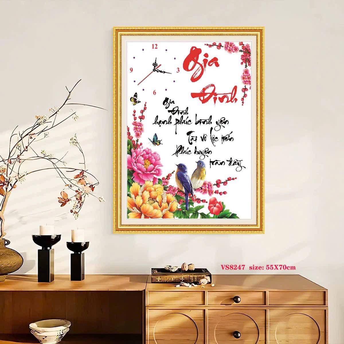 Tranh thêu đồng hồ Cha mẹ VS8247, kích thước 55 x70 cm