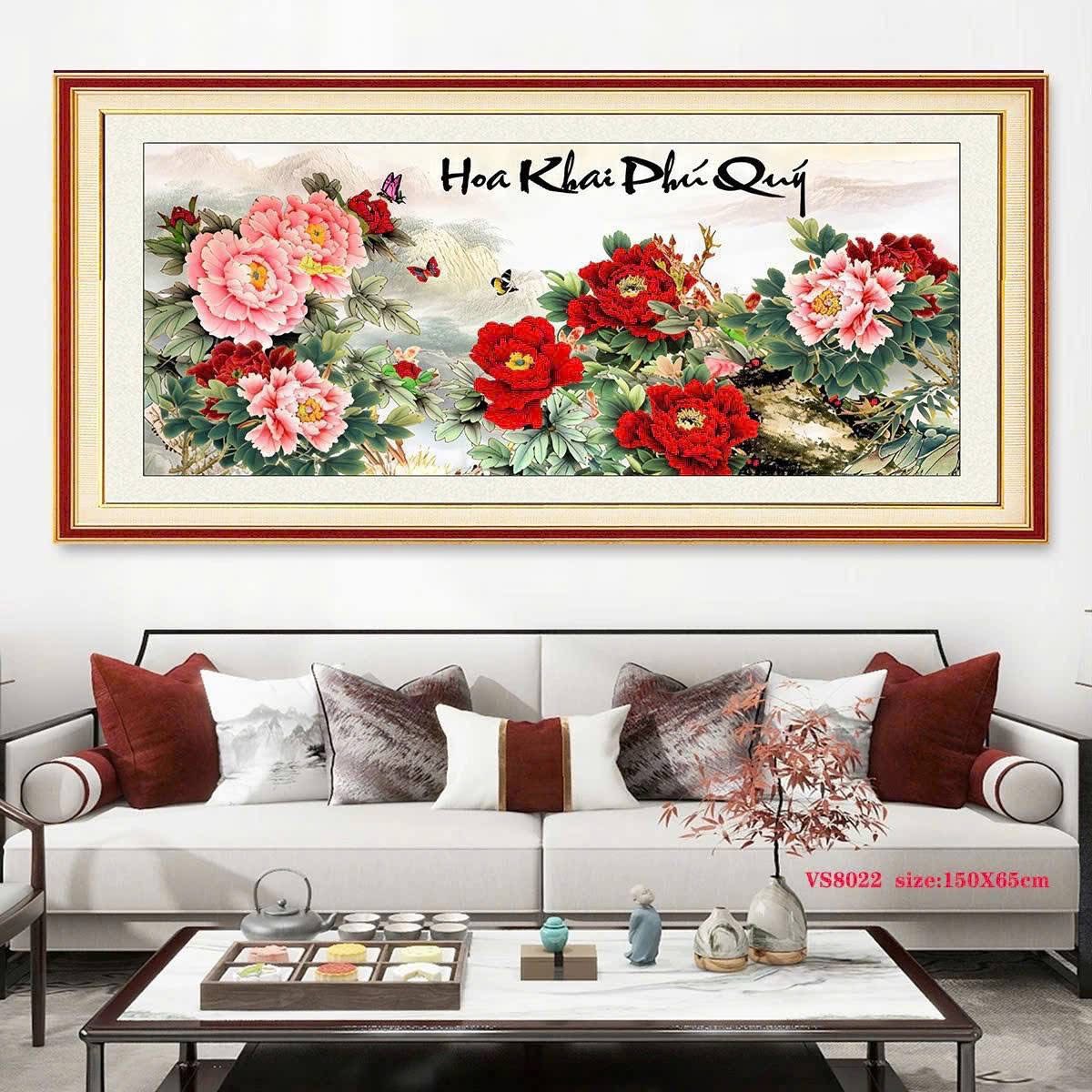 Tranh thêu kín Hoa mẫu đơn VS8022, kích thước 150x 65 cm