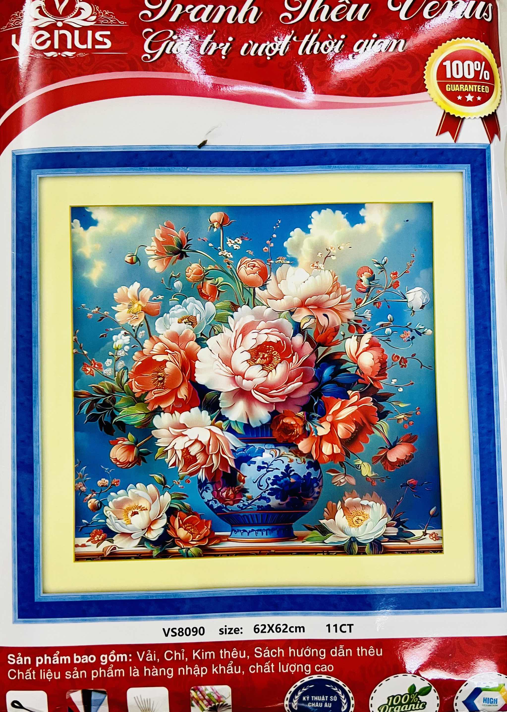 Tranh bình hoa mẫu đơn rực rỡ VS8090, kích thước 60x60 cm