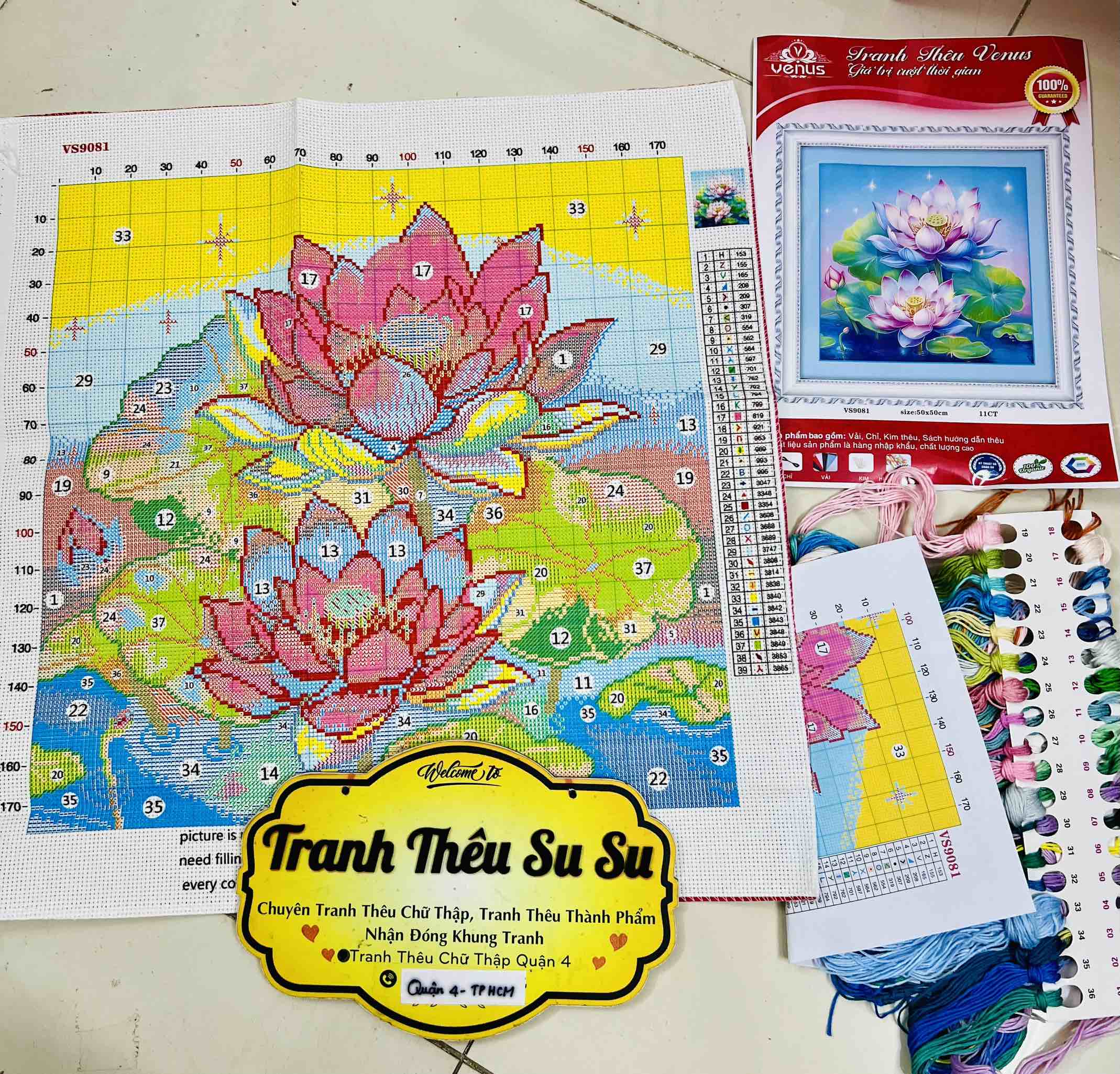 TRANH THÊU KÍN HOA SEN VS9081, KÍCH THƯỚC 50x 50 cm