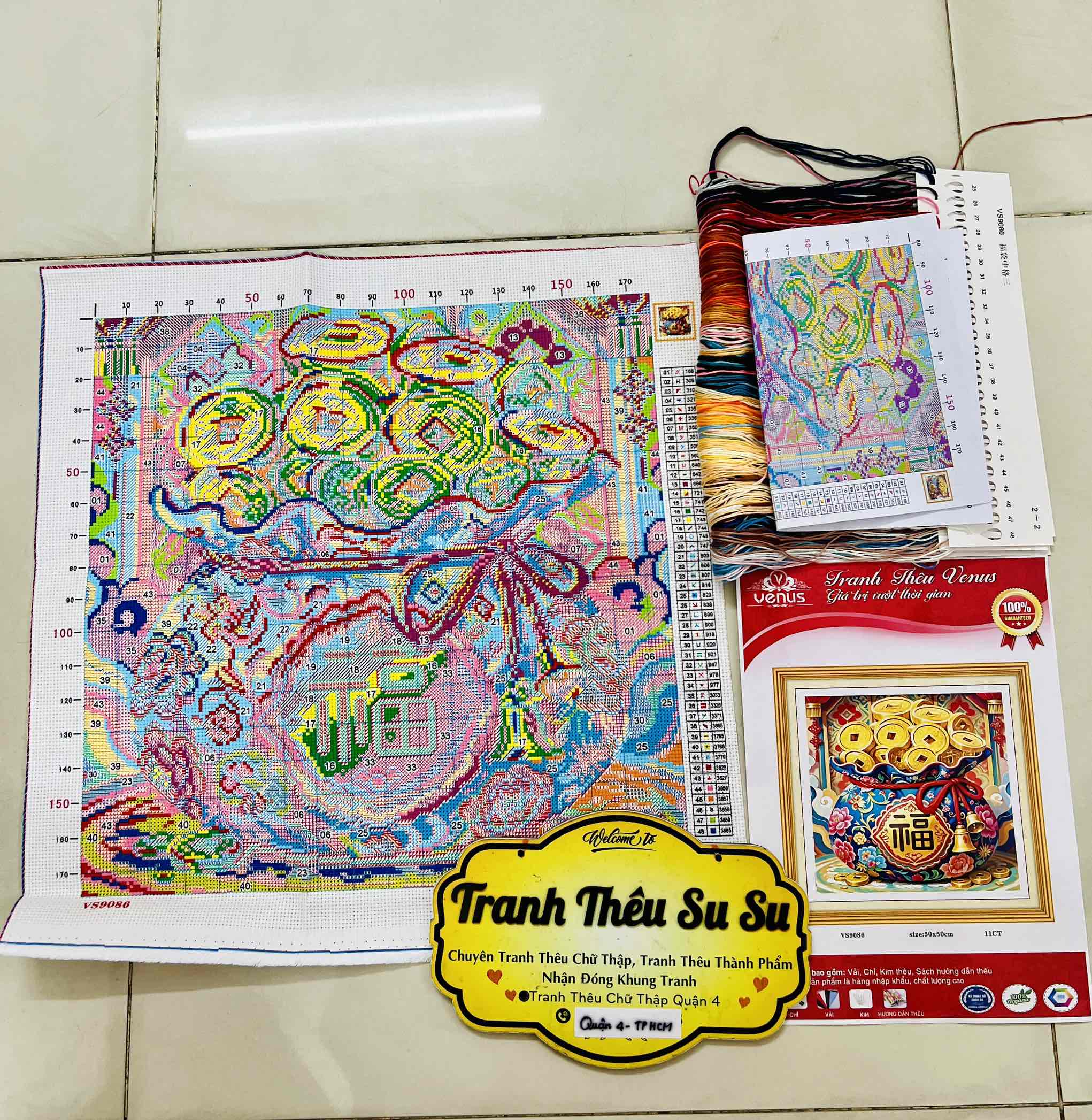 Tranh thêu kín Túi tiền chữ Phúc VS9086, kích thước 50 x 50 cm