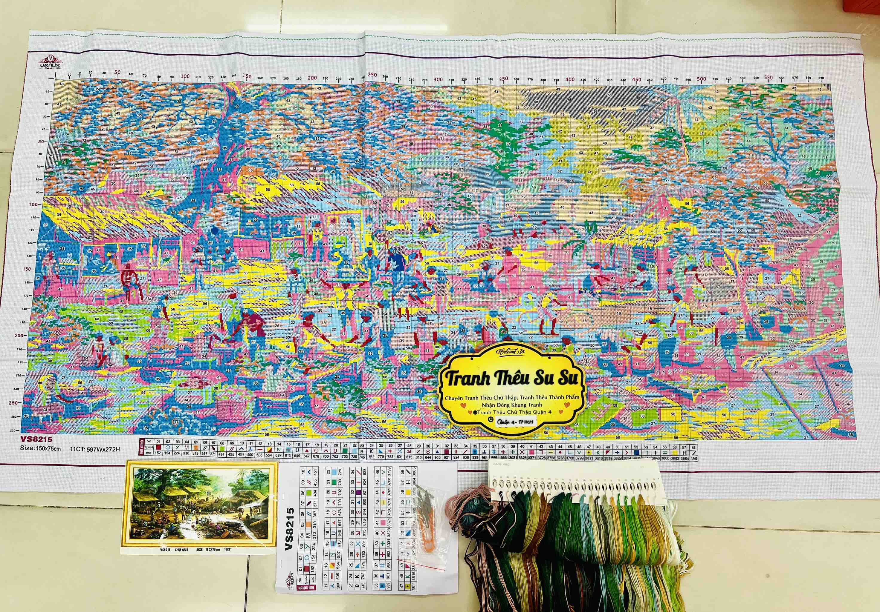 Tranh thêu kín Chợ quê VS8215, kích thước 150x70 cm