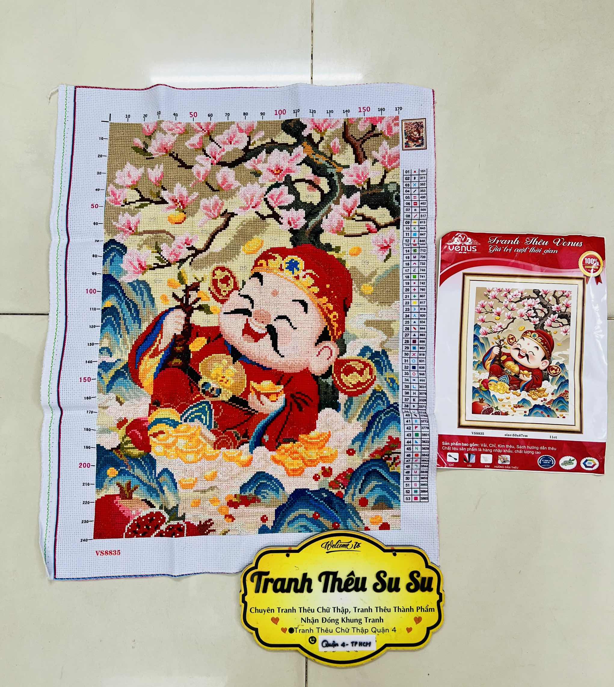 Tranh thành phẩm Thần tài, kích thước 50 x 67 cm, đã thêu thành phẩm