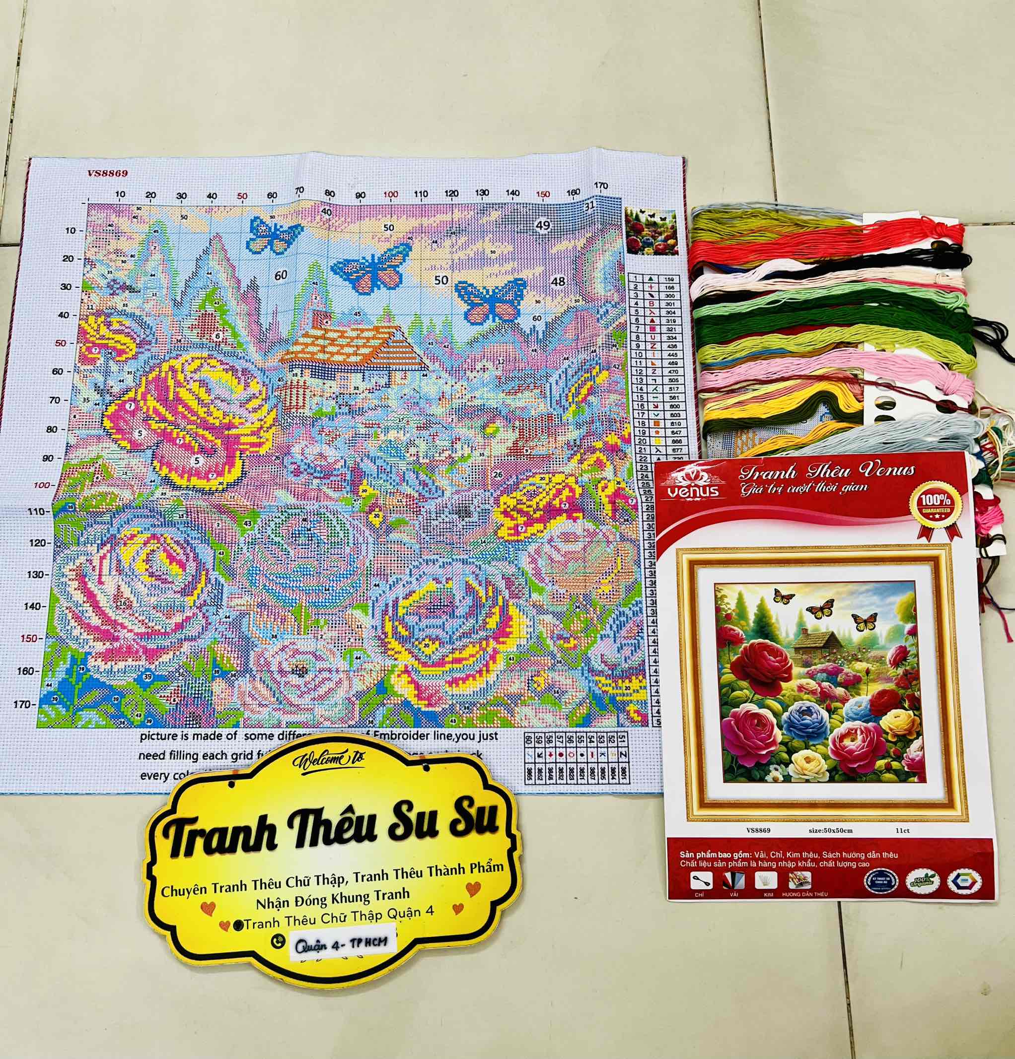 Tranh thêu kín Hoa mẫu đơn VS8869, kích thước 50x 50 cm
