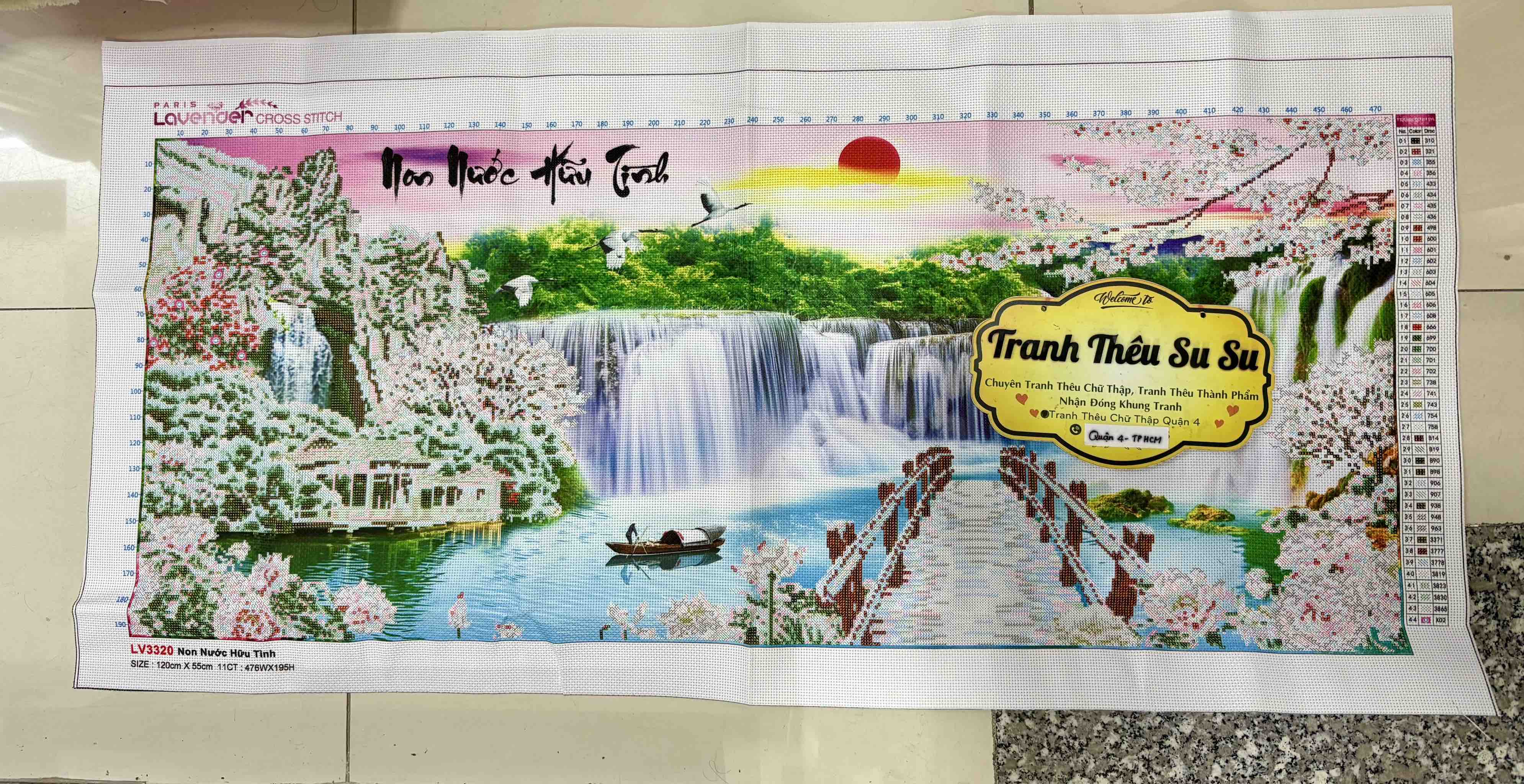 Tranh thêu Non nước hữu tình LV3320, kích thước 120 x 55 cm