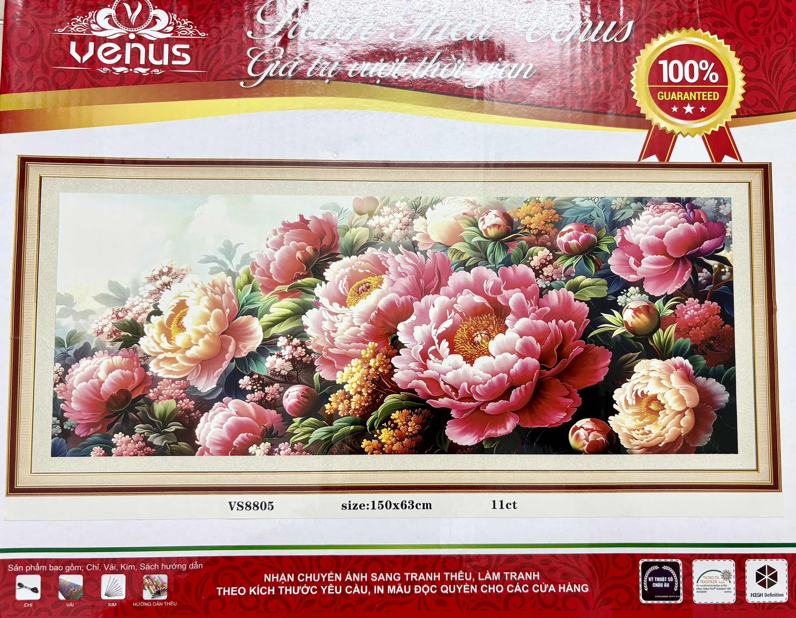 Tranh thêu kín Hoa mẫu đơn VS8805, kích thước 150 x 65 cm