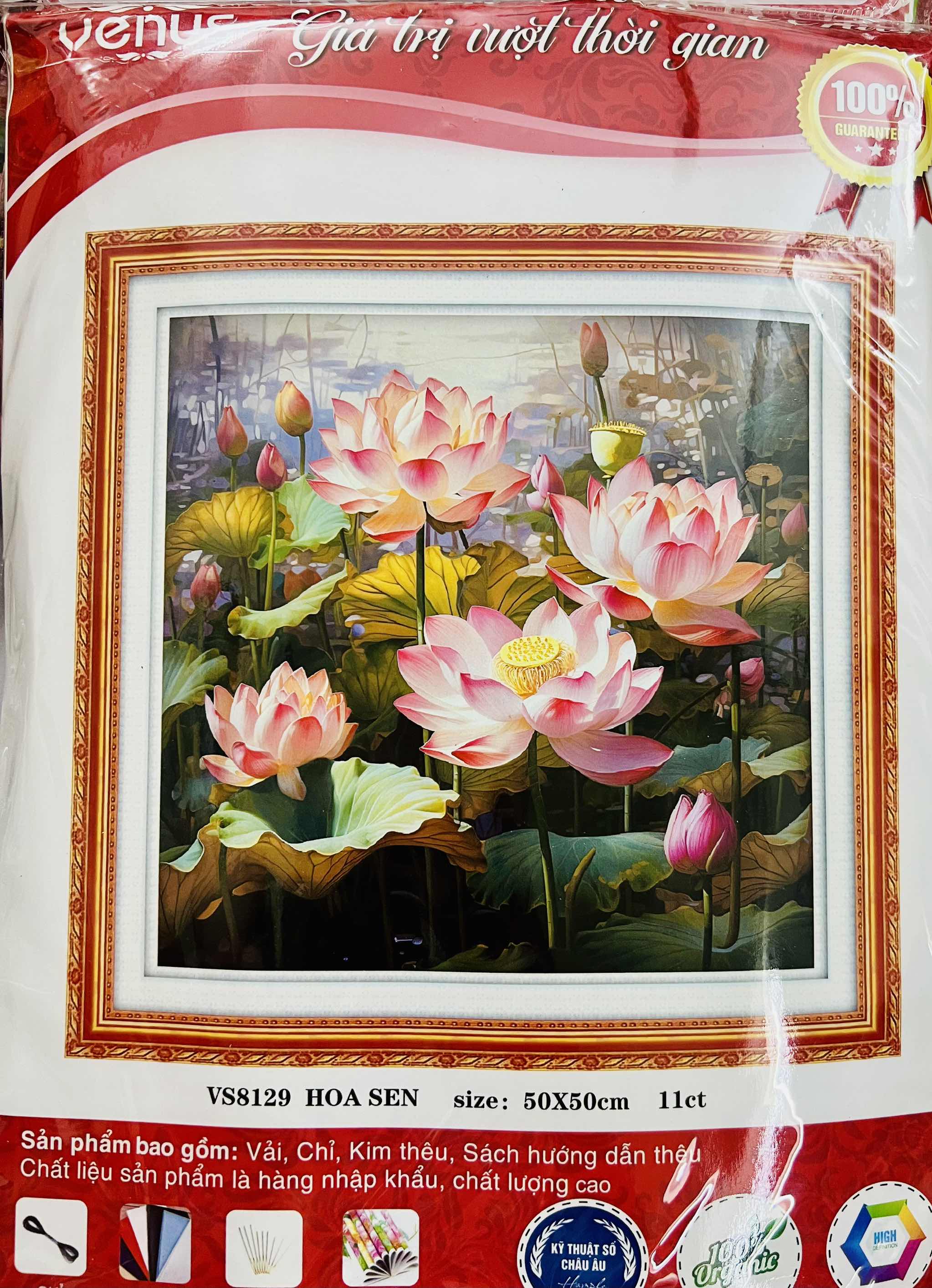 Tranh thêu kín Hoa sen VS8129, kích thước 50 x 50 cm