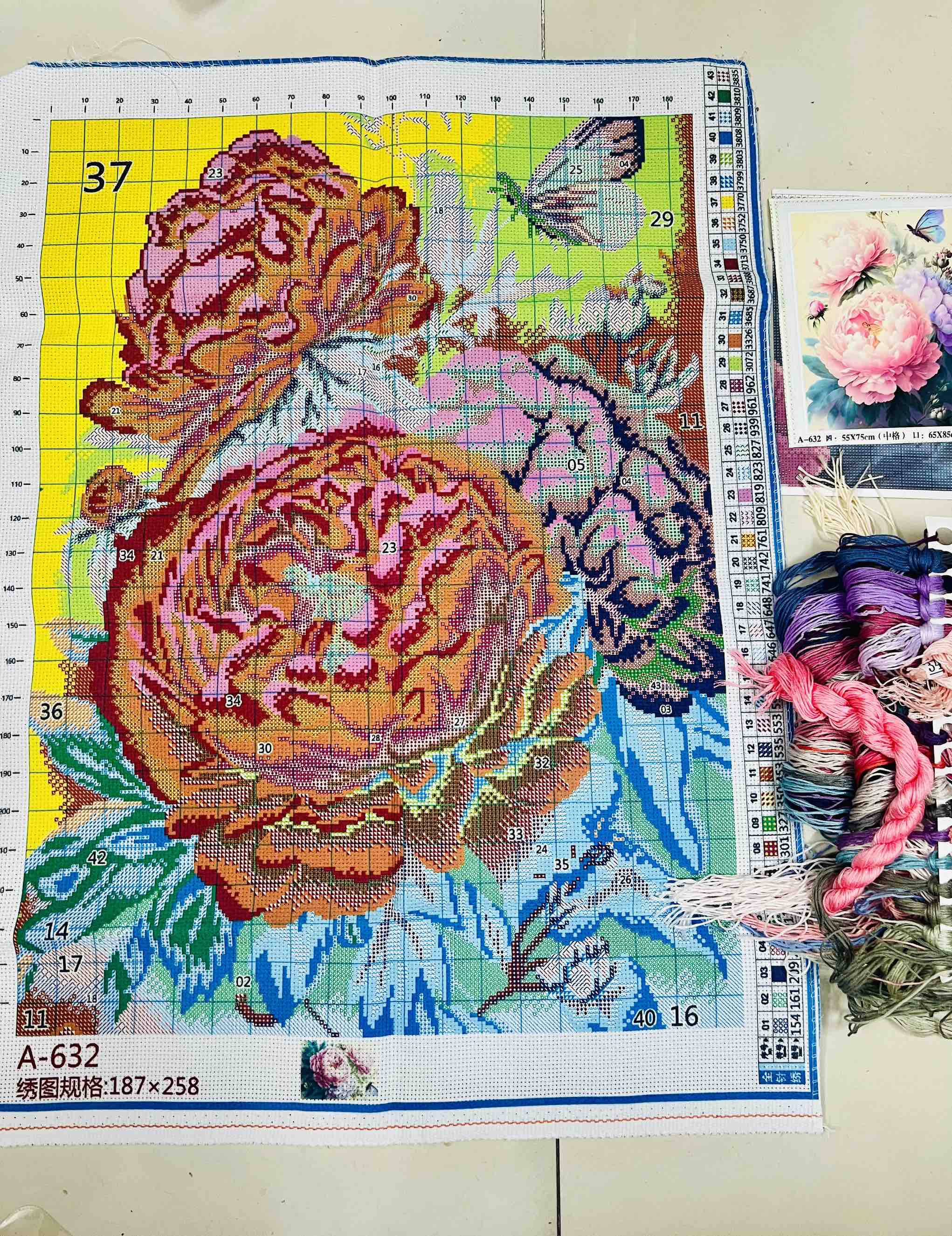 Tranh thêu kín Mẫu đơn hồng A632, kích thước 55 x 75 cm