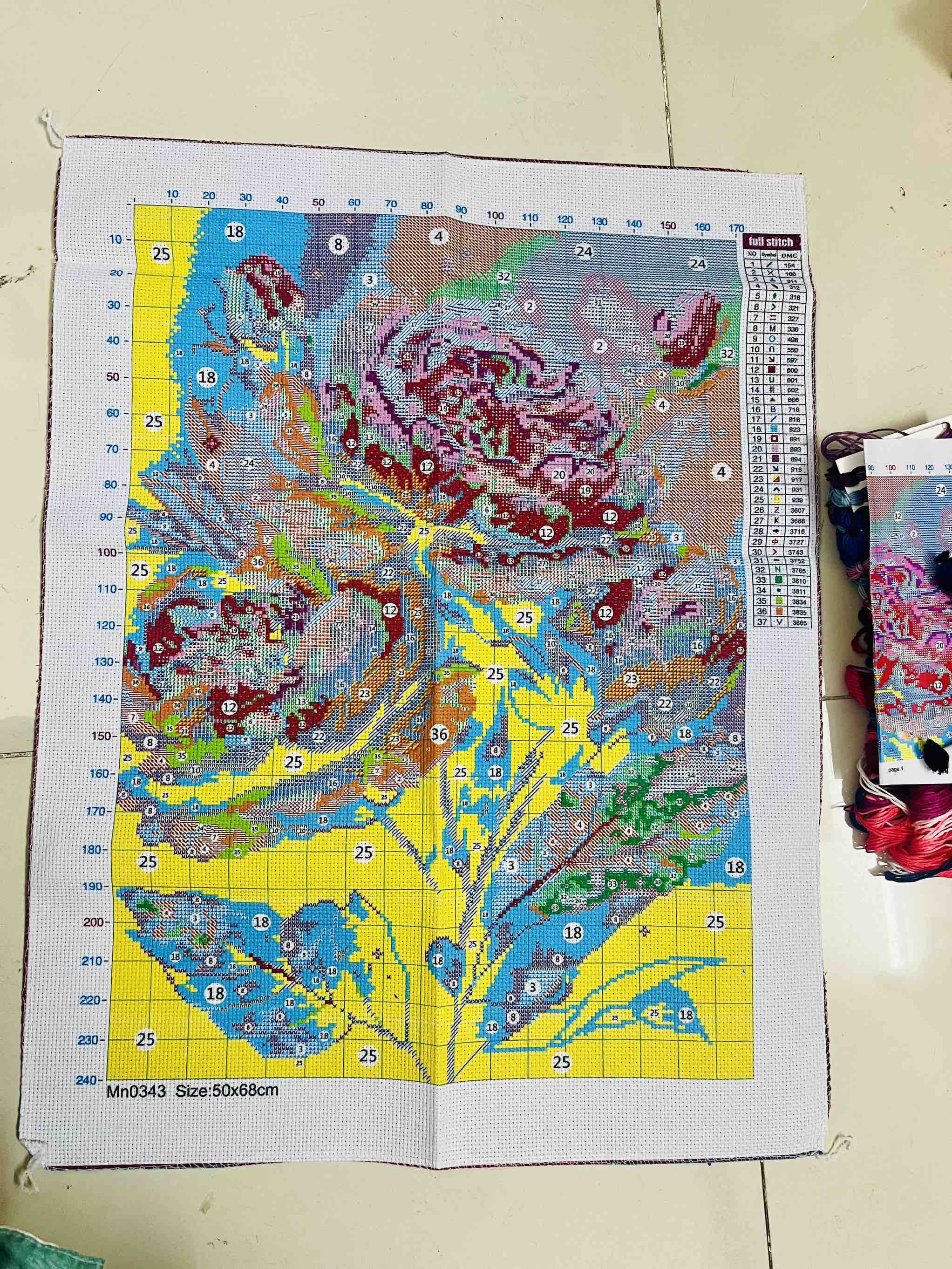 Tranh thêu Hoa mẫu đơn MN0343, kích thước 50 x 68 cm