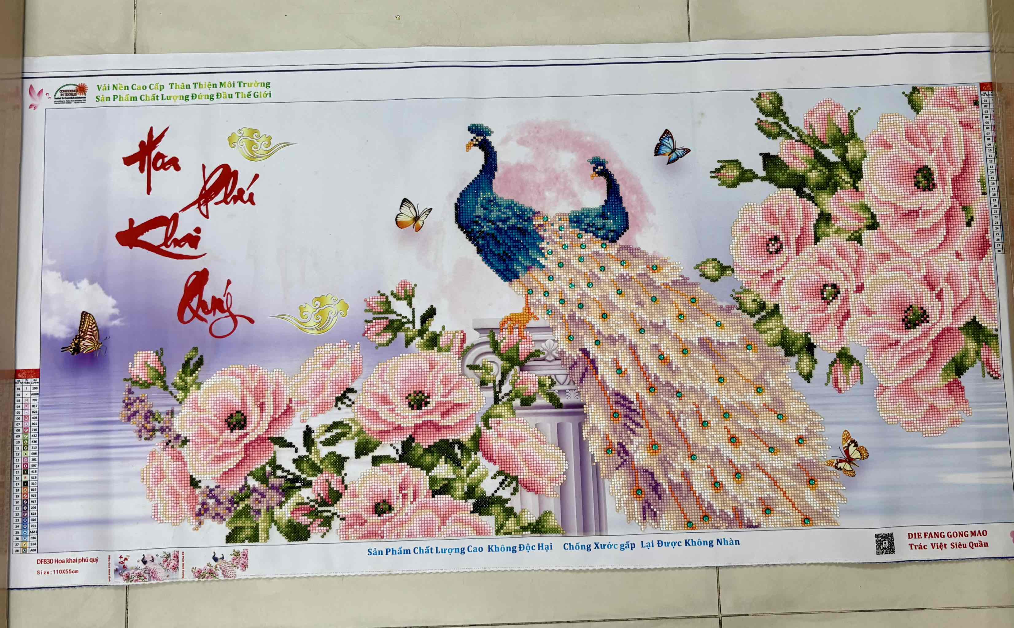 [Đã đính ] Tranh thành phẩm Hoa khai phú quý DF830, kích thước 110 x 55 cm