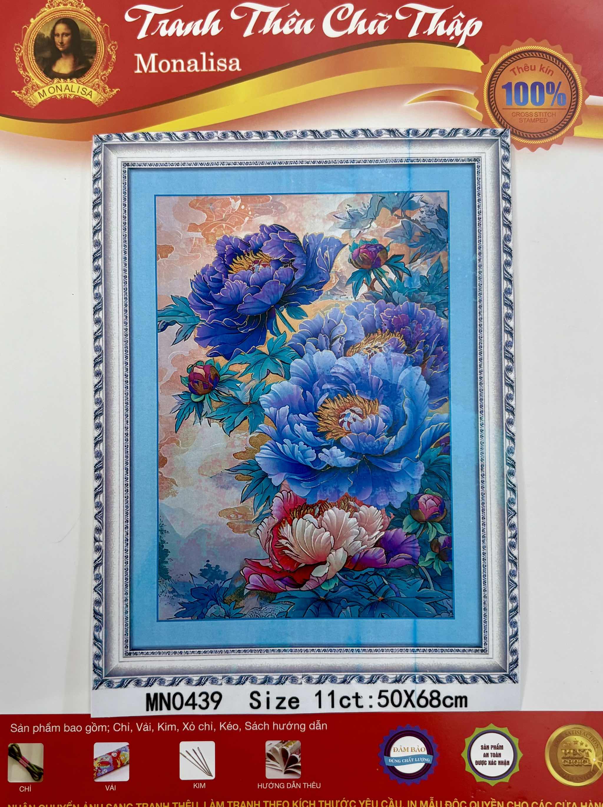 Tranh thêu kín Hoa mẫu đơn MN0439, kích thước 50 x 68 cm