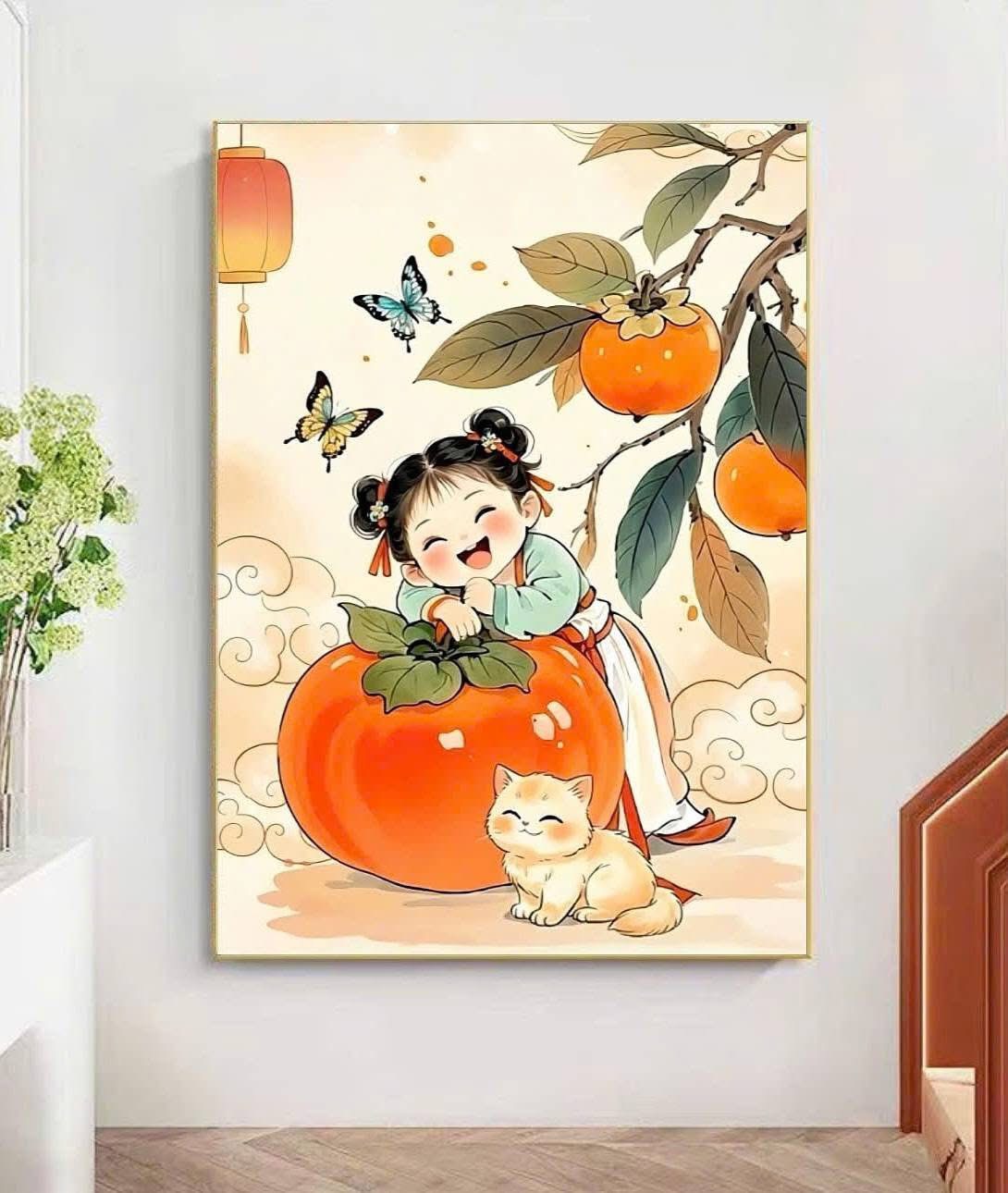 Tranh bé gái quả hồng 70898, kích thước 50 x 67 cm