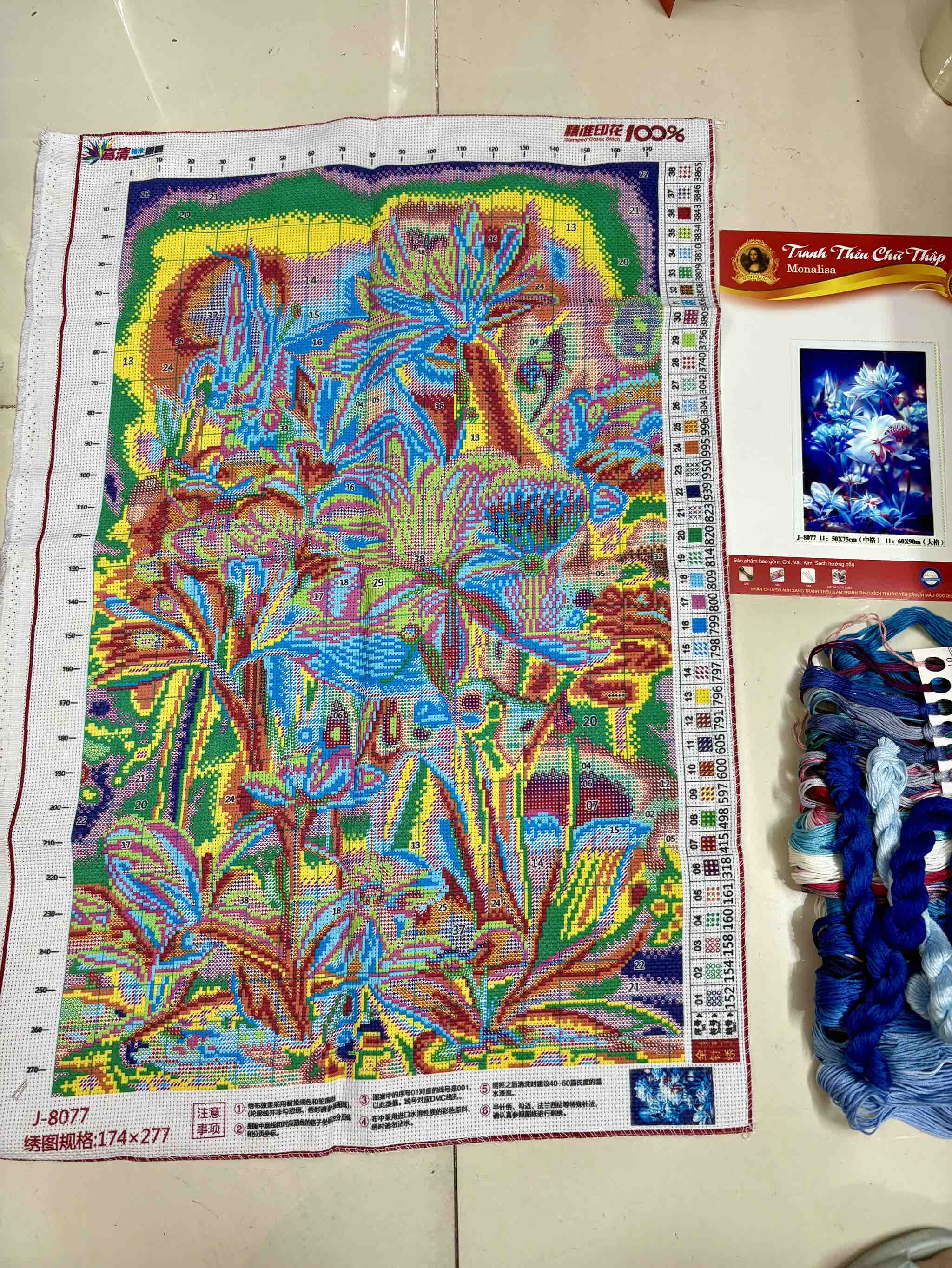 TRANH THÊU KÍN HOA THỦY TIÊN, KÍCH THƯỚC 50 X 75 CM