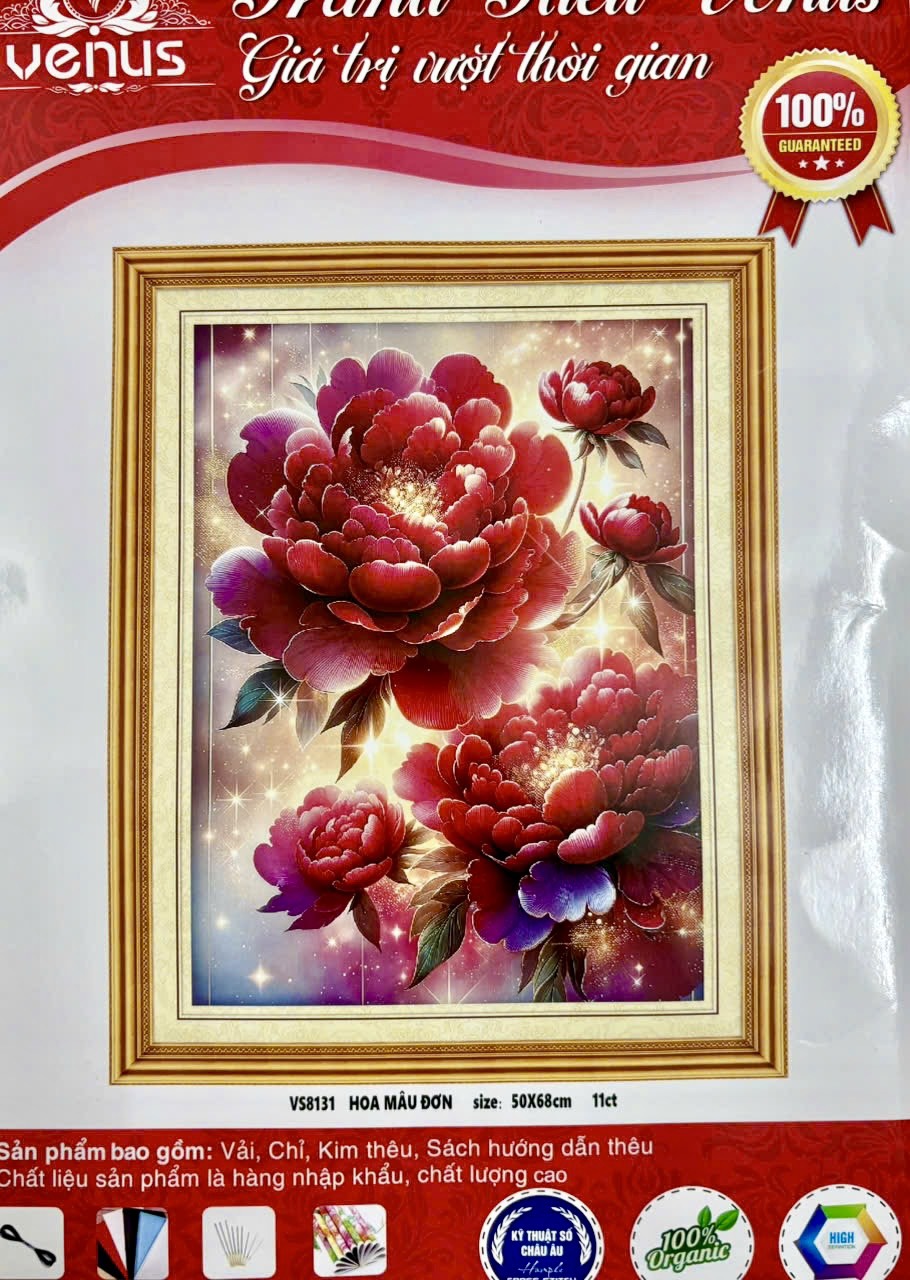 Tranh thêu kín Hoa mẫu đơn VS8131, kích thước 50 x 68 cm