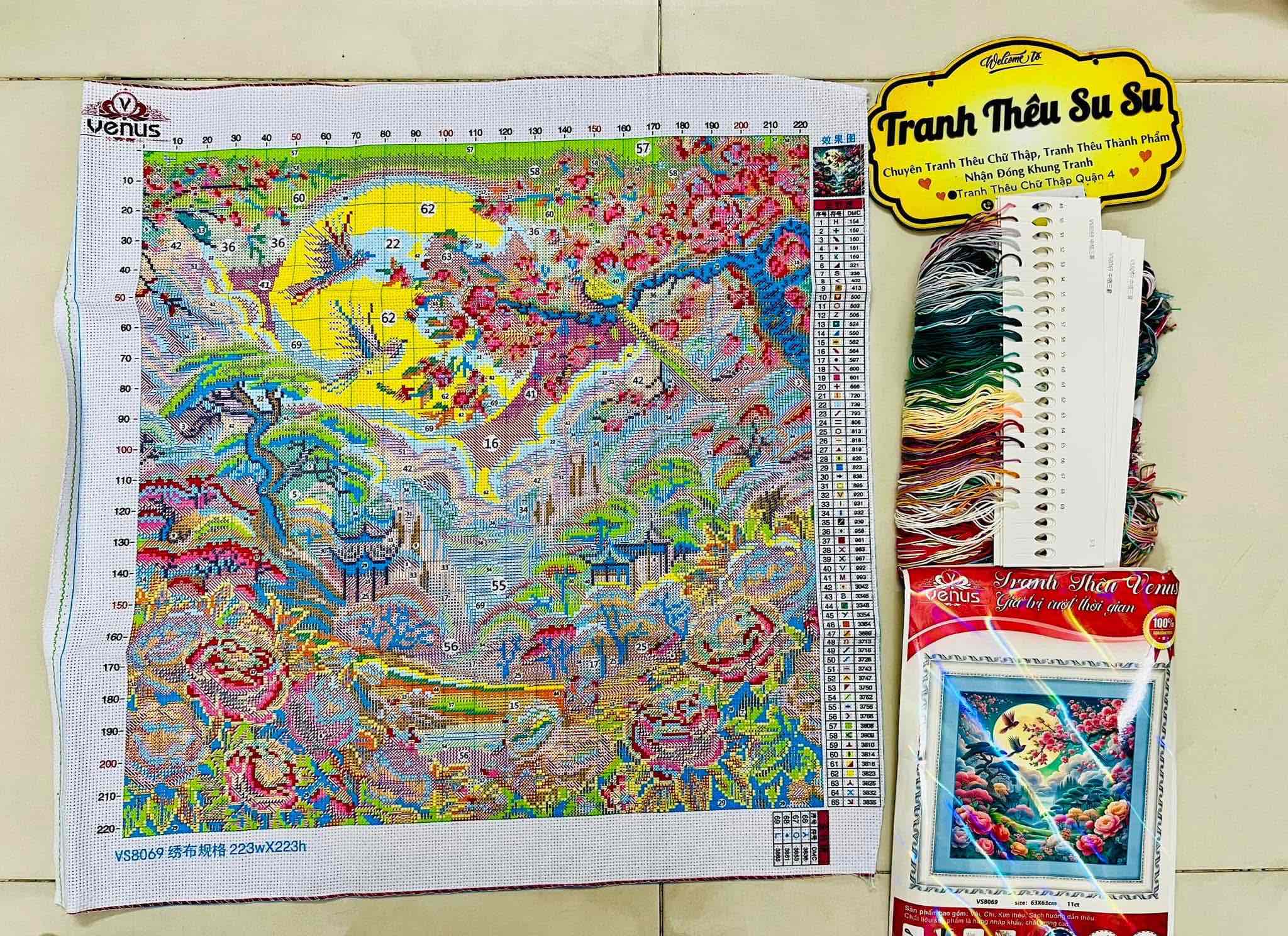 Tranh thêu kín Phong cảnh mùa xuân VS8069, kích thước 63 x 63 cm