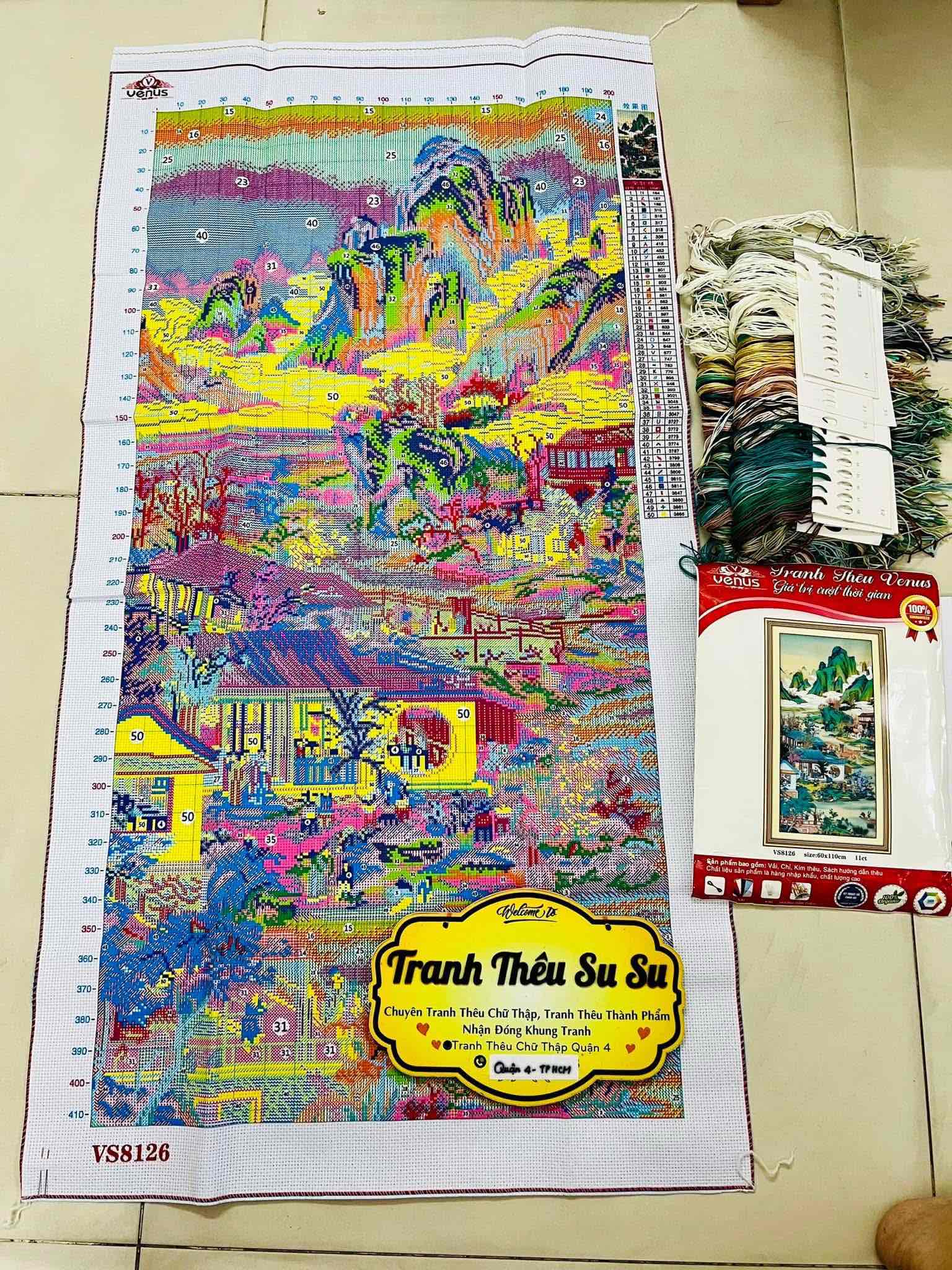 Tranh thêu kín chữ thập Phong cảnh Trung quốc (thị trấn yên bình) VS8126, kích thước 60 x 110 cm