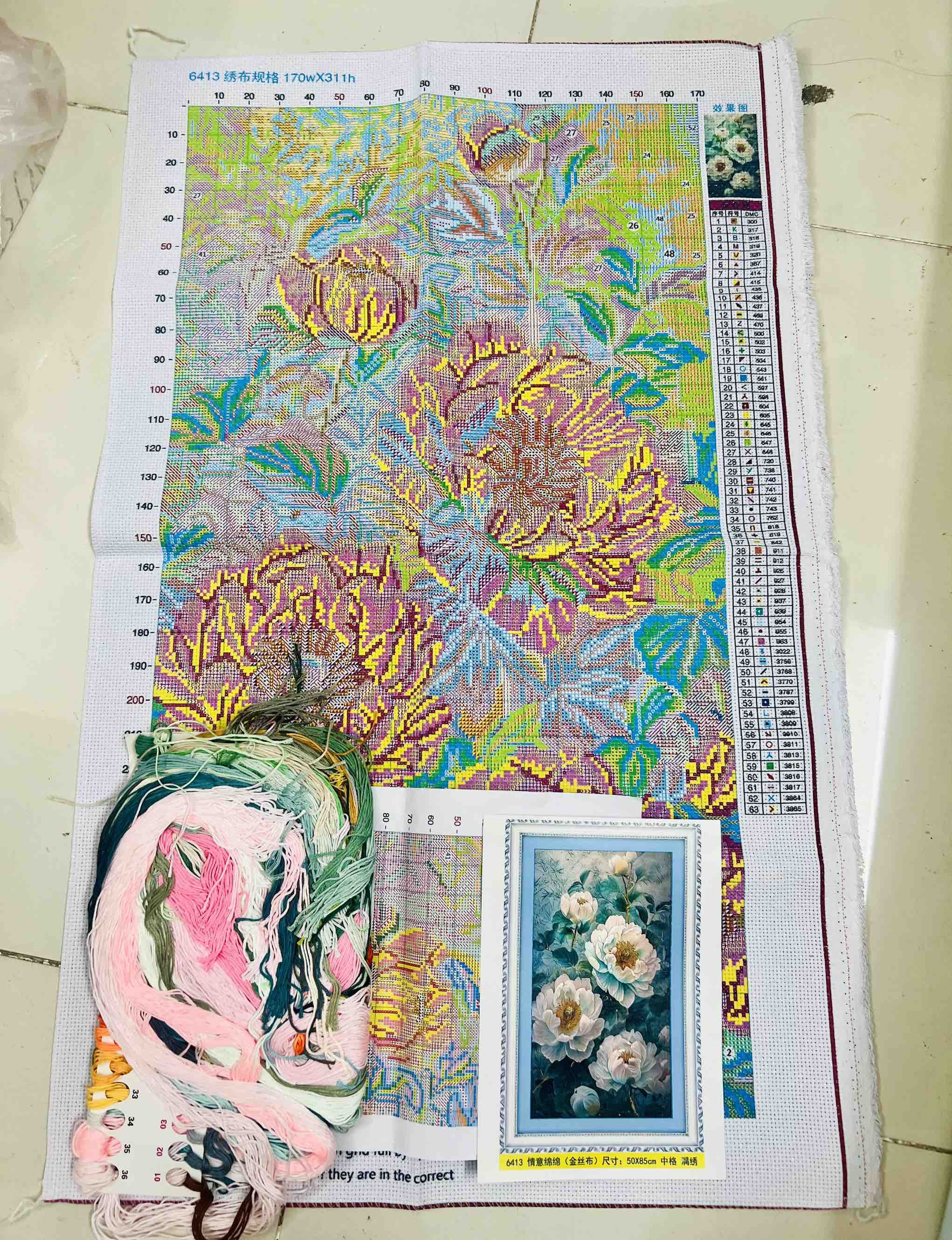 Tranh thêu Hoa mẫu đơn 6413, kích thước 50 x 68 cm