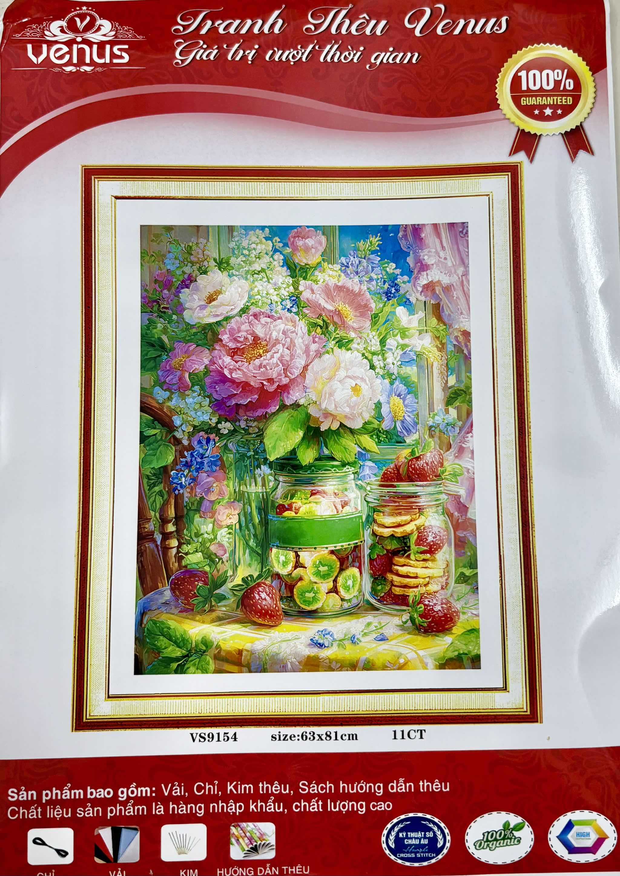 Tranh thêu kín con công hoa mẫu đơn VS9154, kích thước 63 x 81 cm