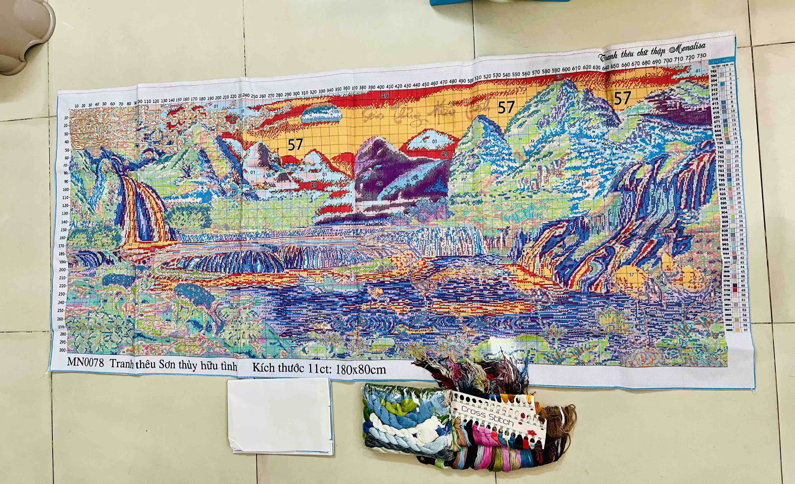 Tranh thêu kín Sơn thủy hữu tình MN0078, kích thước 180x 80 cm