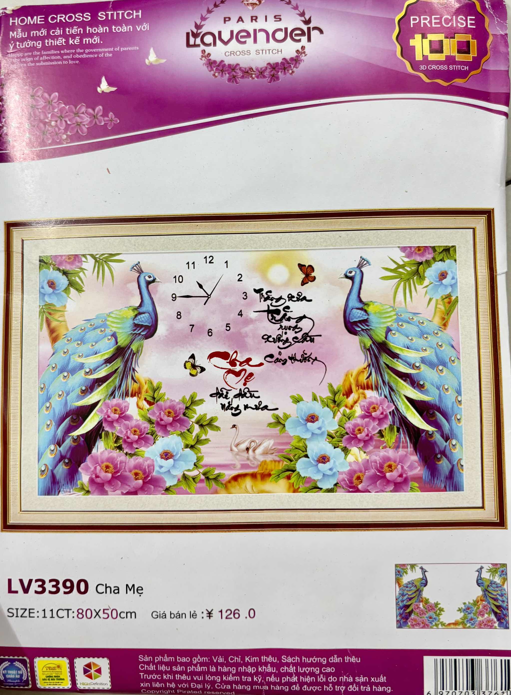Tranh thêu chữ thập Cha mẹ (đồng hồ) LV3390, kích thước 80 x 50 cm