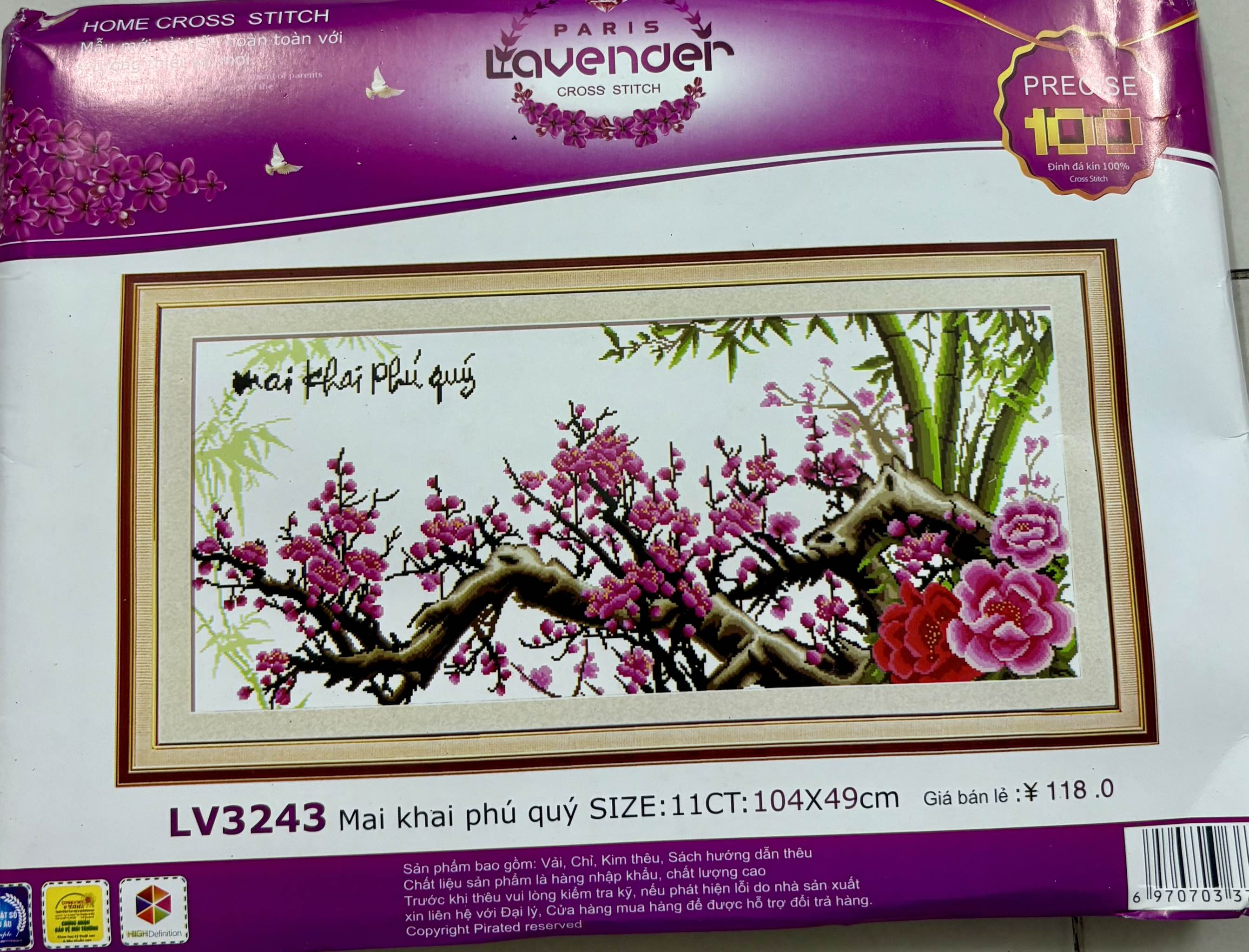Tranh thêu chữ thập Cành mai LV3243, kích thước 105 x 49 cm