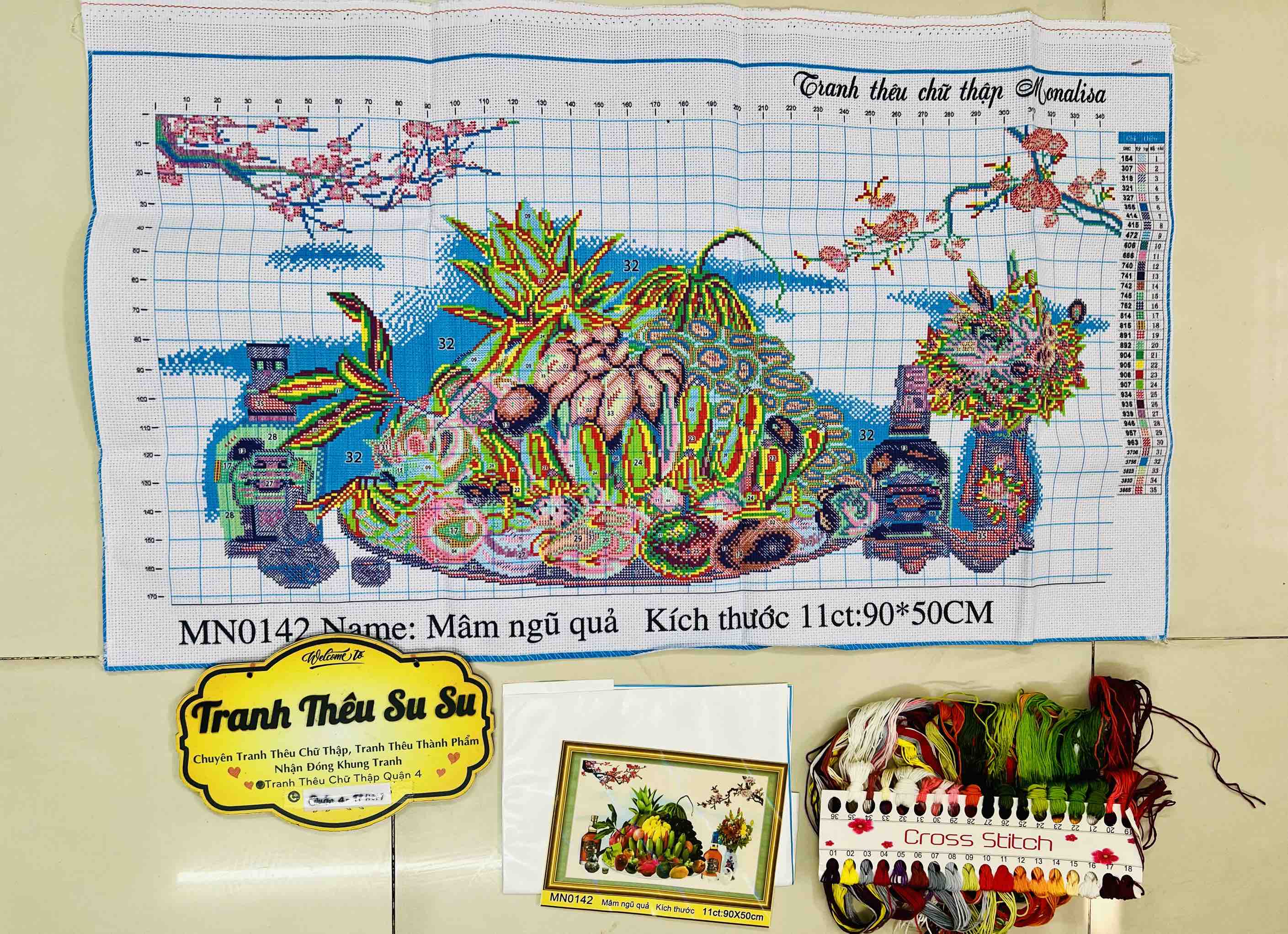 Tranh thêu mâm ngũ quả (trái cây) MN0142, MN0143
