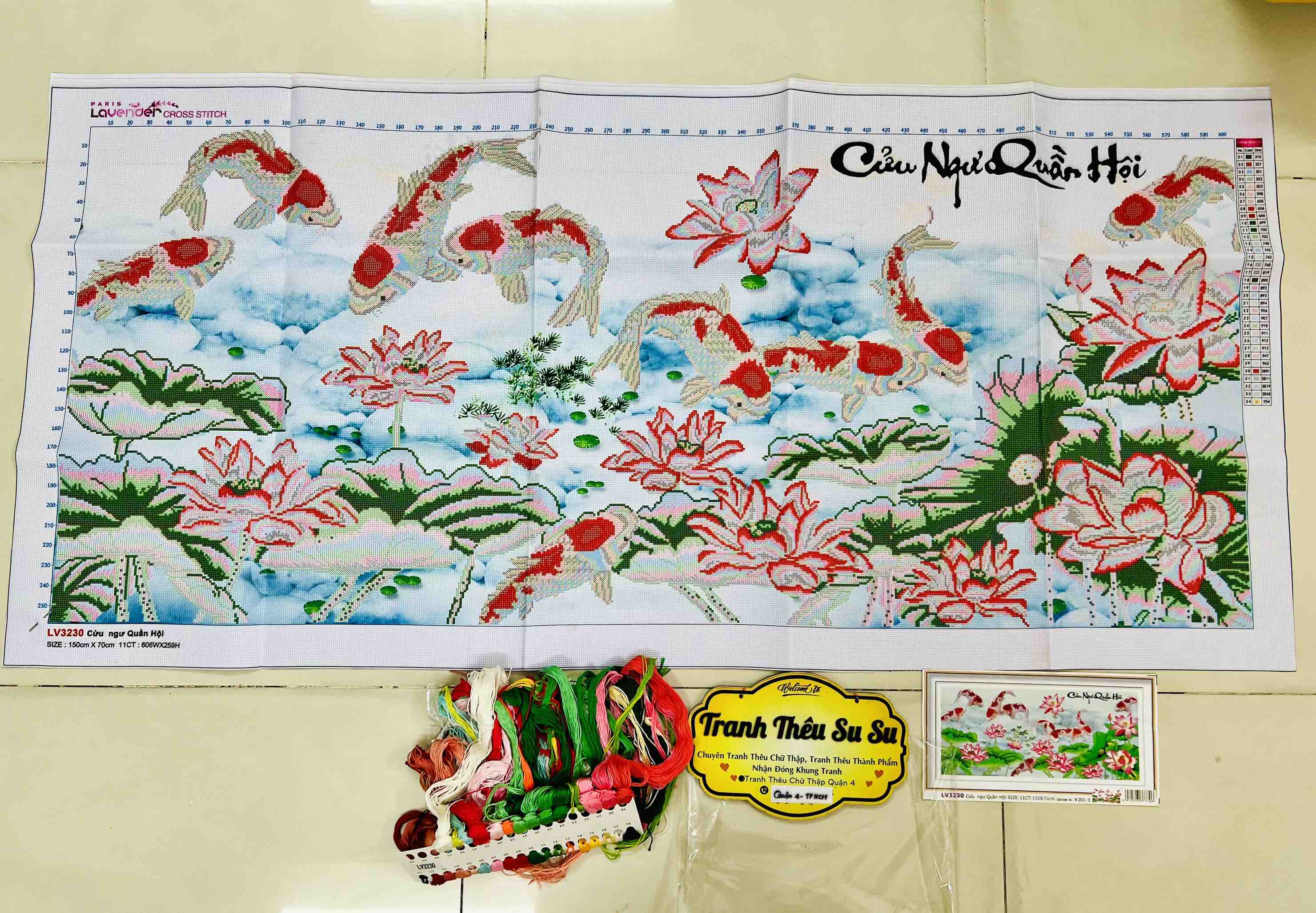 Tranh thêu Cửu ngư quần hội LV3230, tranh 3D, kích thước 150 x 70 cm