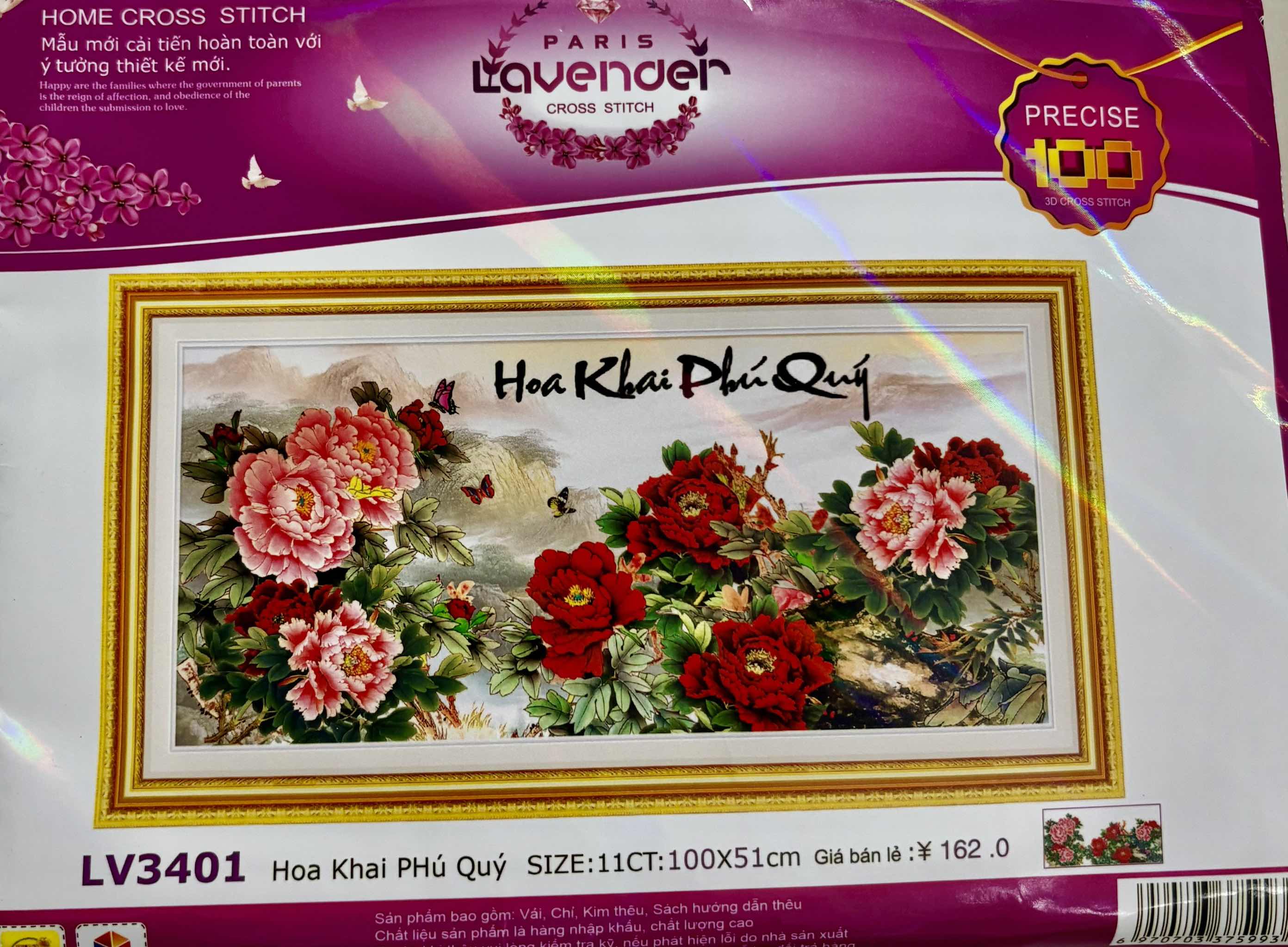 Tranh thêu chữ thập Hoa khai phú quý LV3401, kích thước 100 x 50 cm, tranh 3D (không thêu kín)