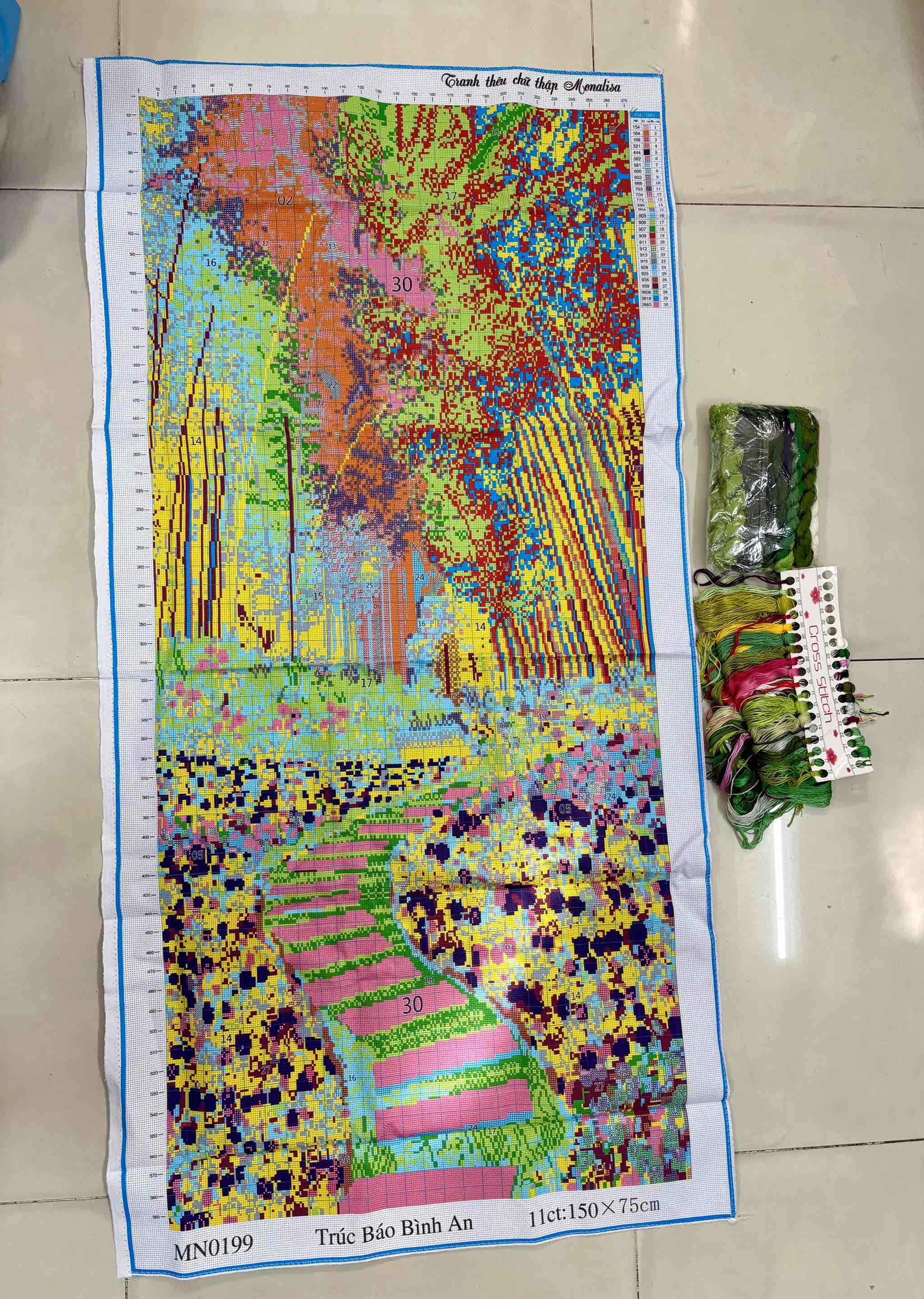 Tranh thêu kín Trúc báo bình an MN0199, kích thước 150 x 75 cm