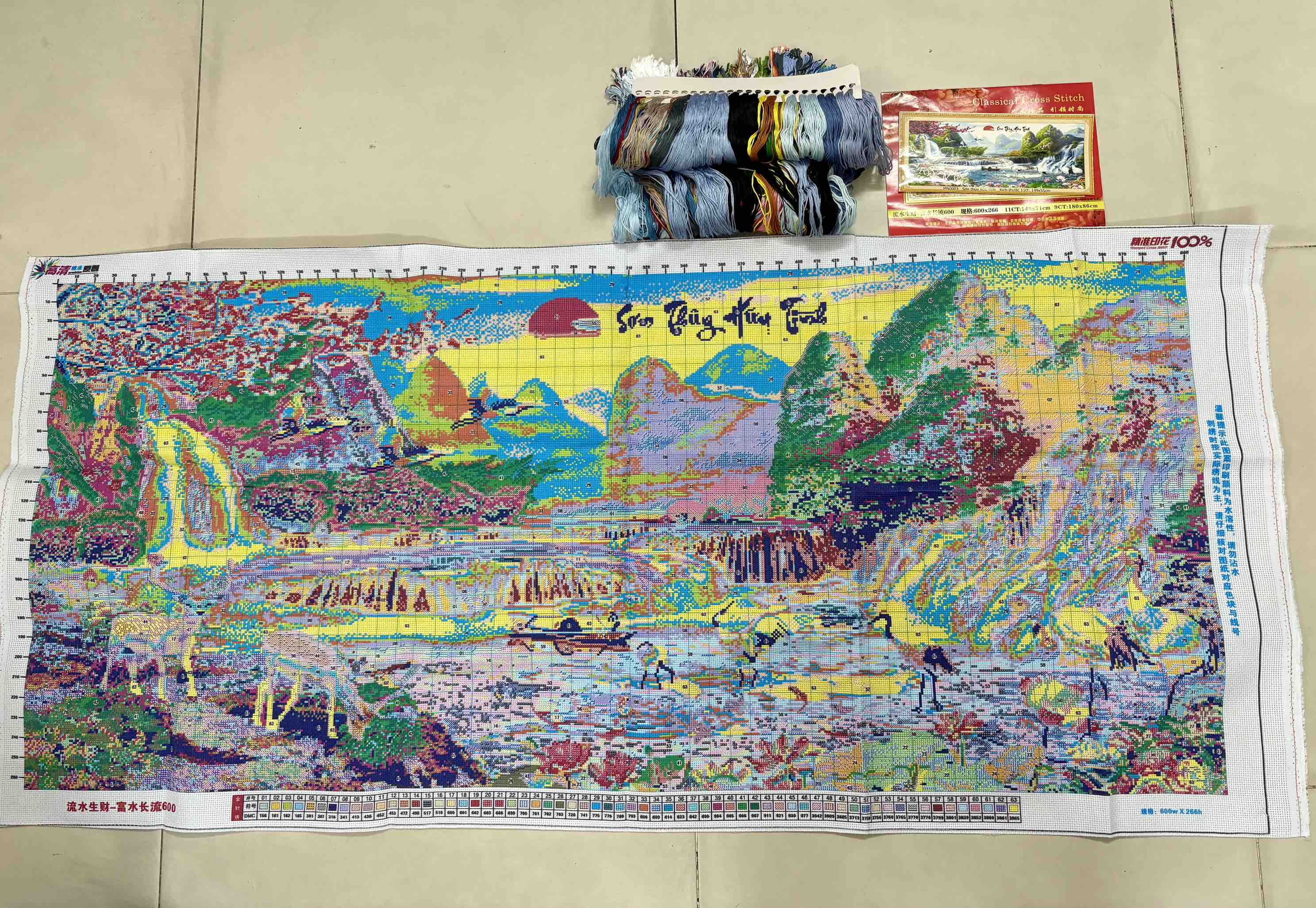 Tranh thêu kín Sơn thuỷ hữu tình MN0003, kích thước 149 x 55 cm